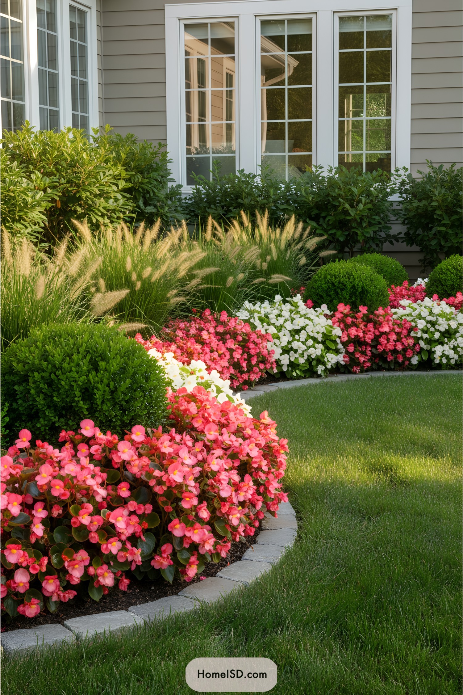 Colorful flower bed with neatly trimmed lawn