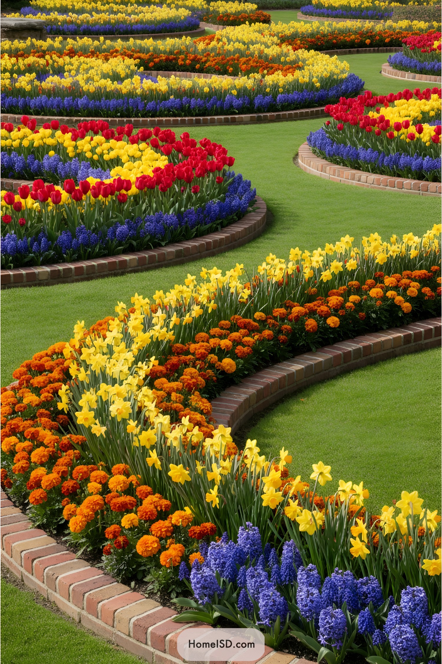 Winding flower beds with vibrant colors
