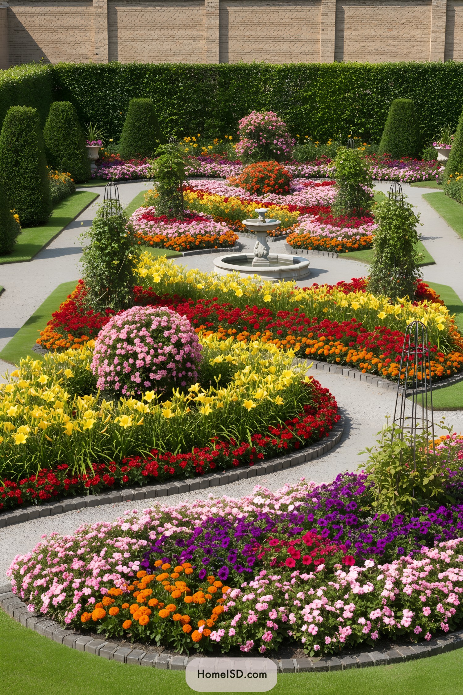 Colorful flower beds with a central fountain