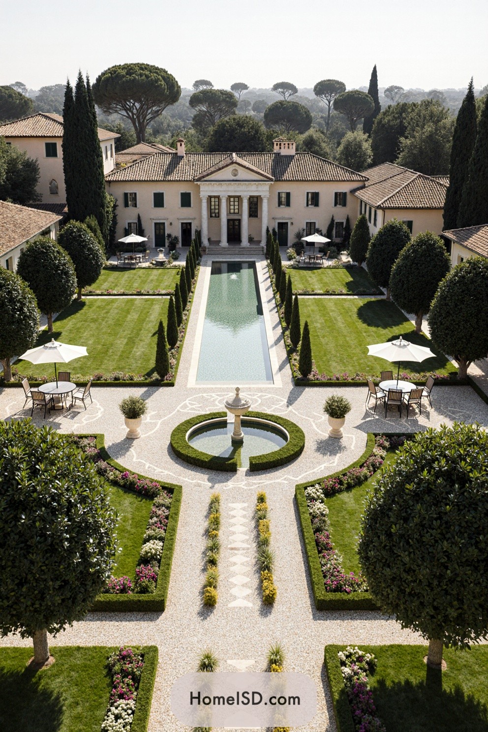 Elegant villa landscape with symmetrical gardens and central pool