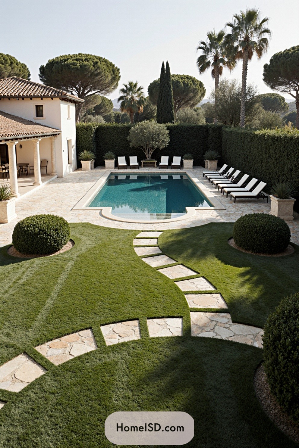 Elegant villa pool surrounded by lush greenery