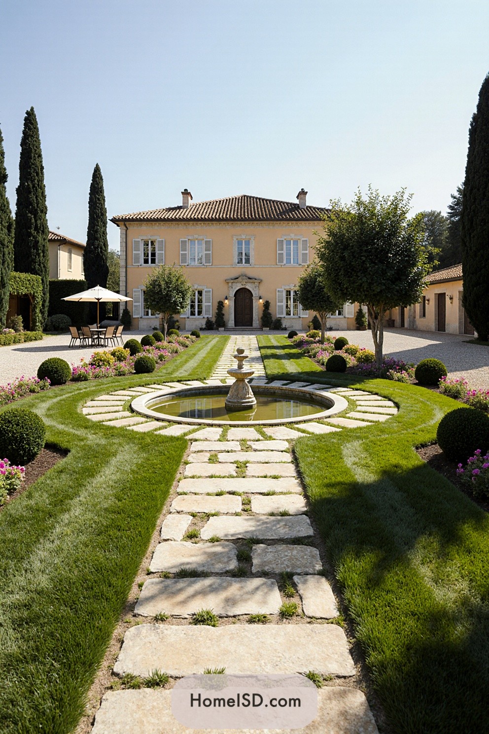 Elegant villa facade with symmetrical garden design