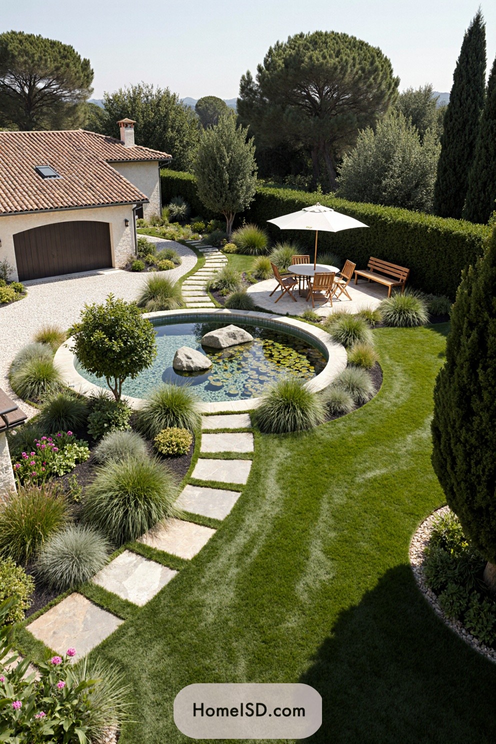 Serene garden with stone path and lily pond