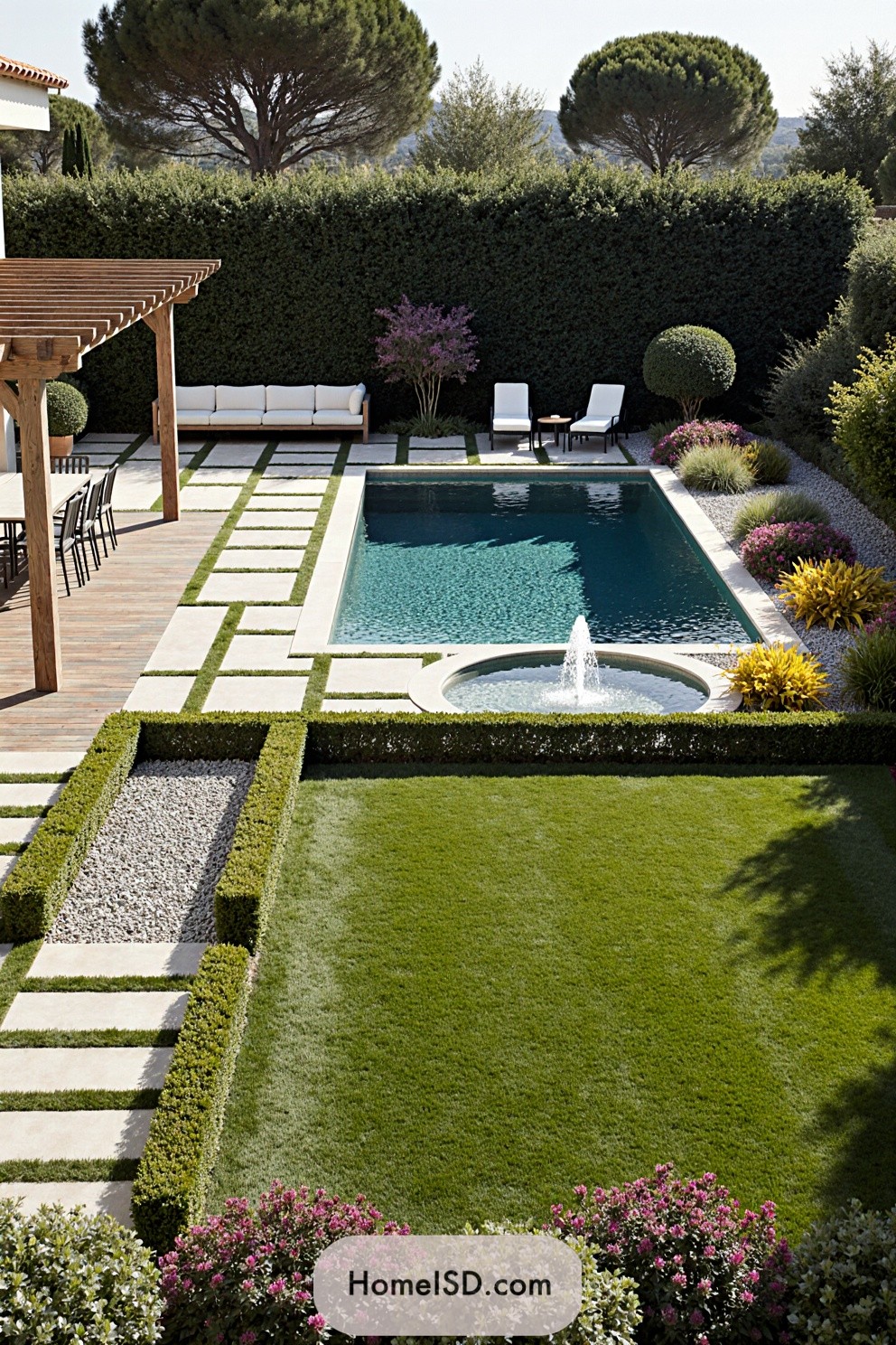 Luxurious villa garden with pool and seating