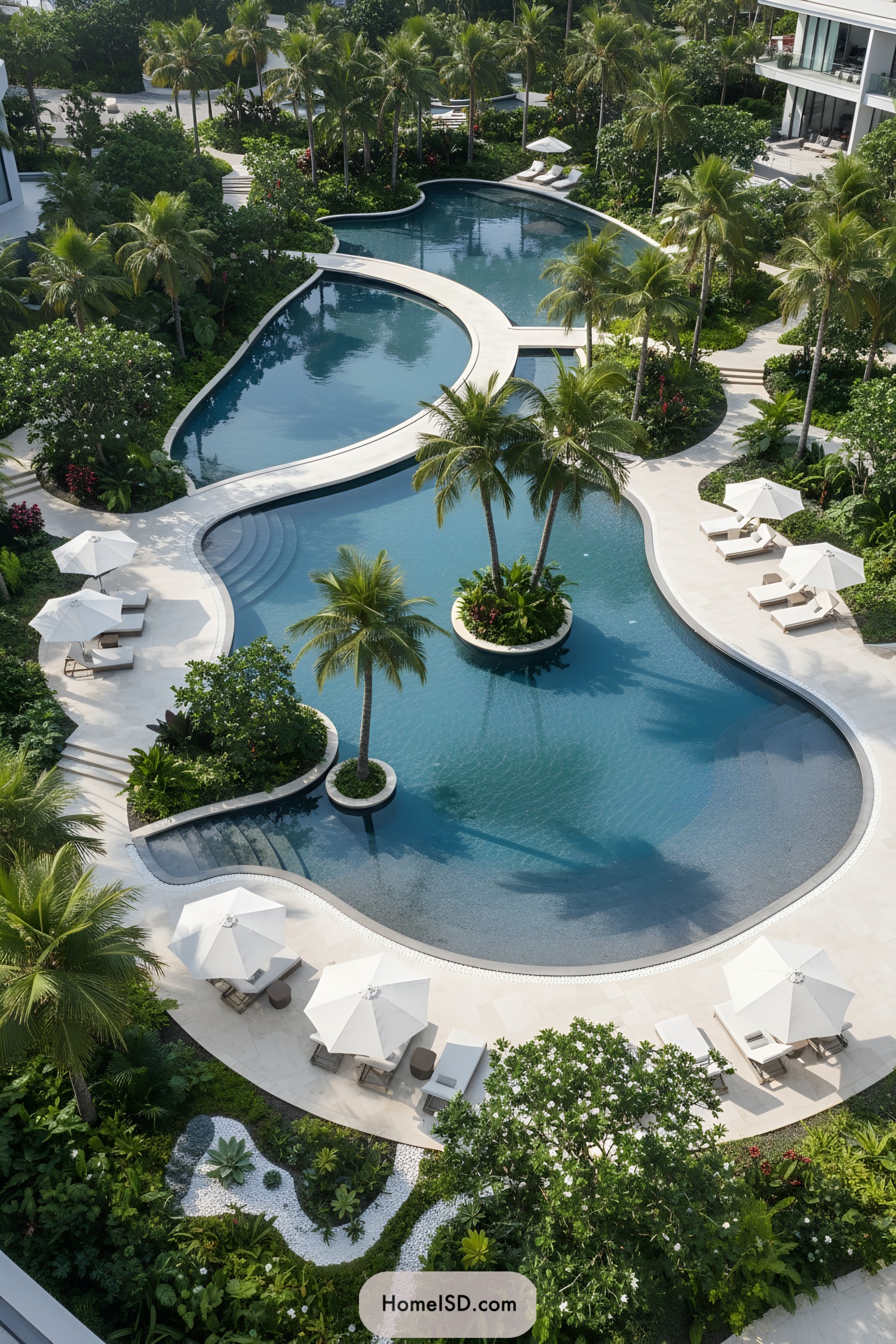 Water body landscape design with a large, organically shaped pool bordered by soft curving pathways and lush tropical foliage. Palm trees are planted in and around the water, creating natural focal points and shade. Smooth, light-toned stone paving frames the pool and connects to adjacent sunbathing terraces furnished with white loungers and geometric white umbrellas. Small islands of greenery and minimalistic garden beds are integrated into the design. A reflective pond with a winding white walkway adds depth and visual interest to the serene, resort-like garden atmosphere.