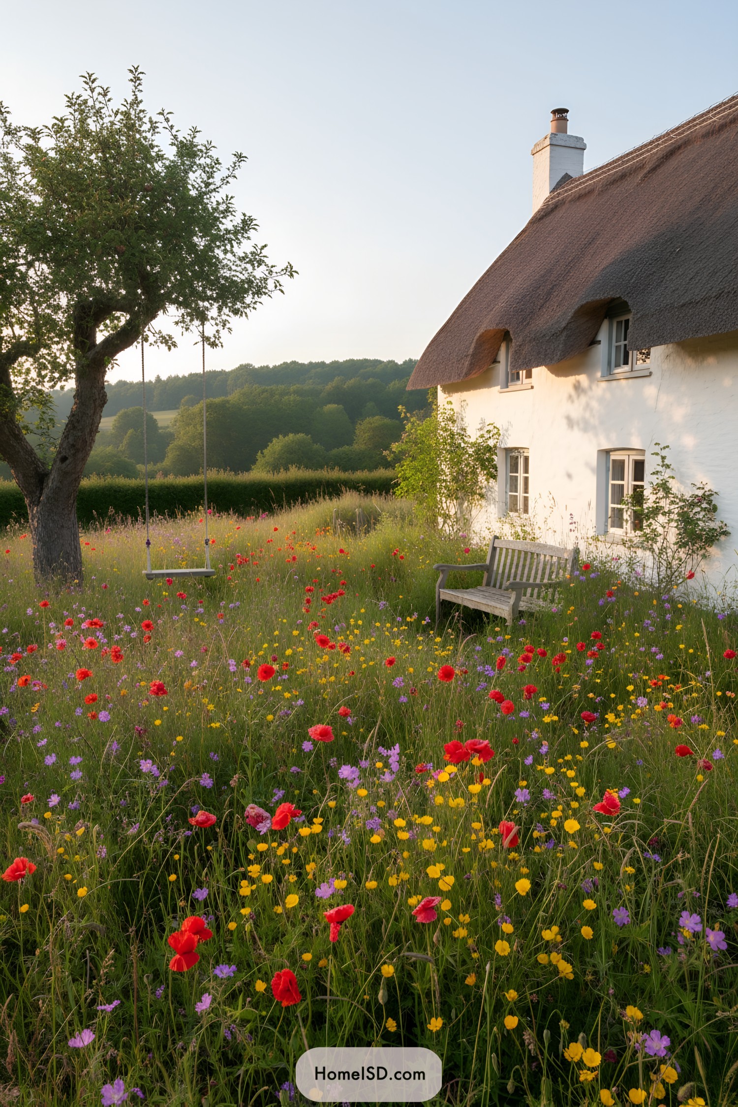Wildflowers blooming around a charming thatched-roof cottage