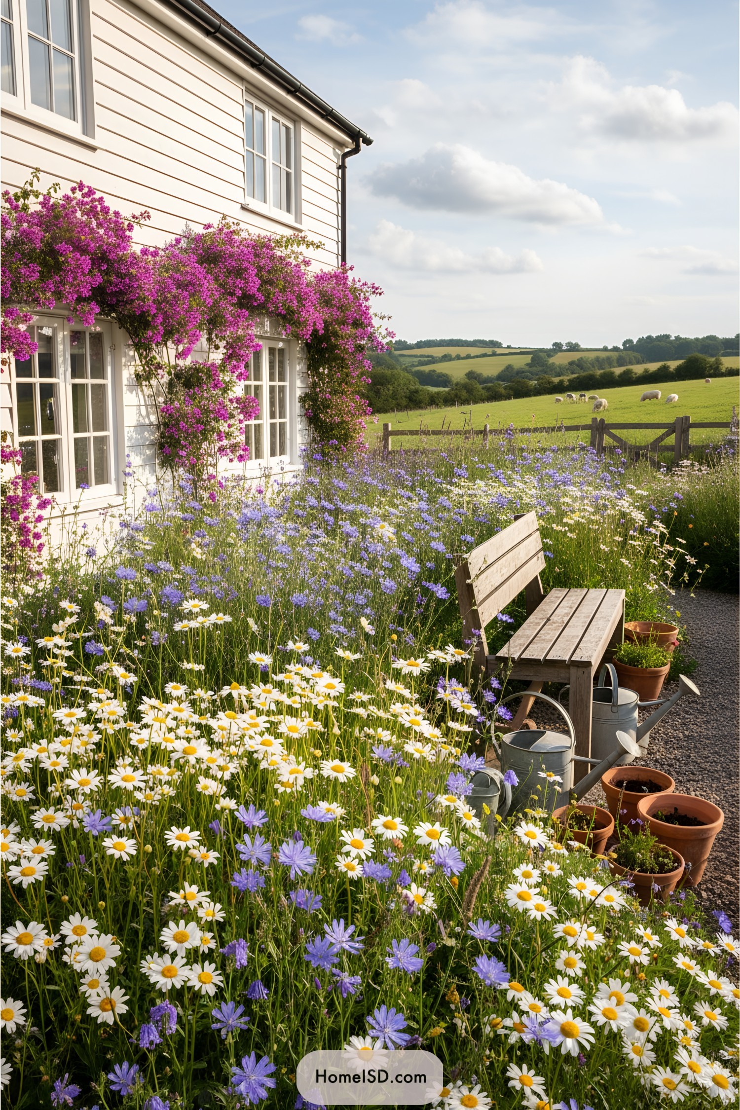 Wildflowers bloom vibrantly beside a rustic cottage