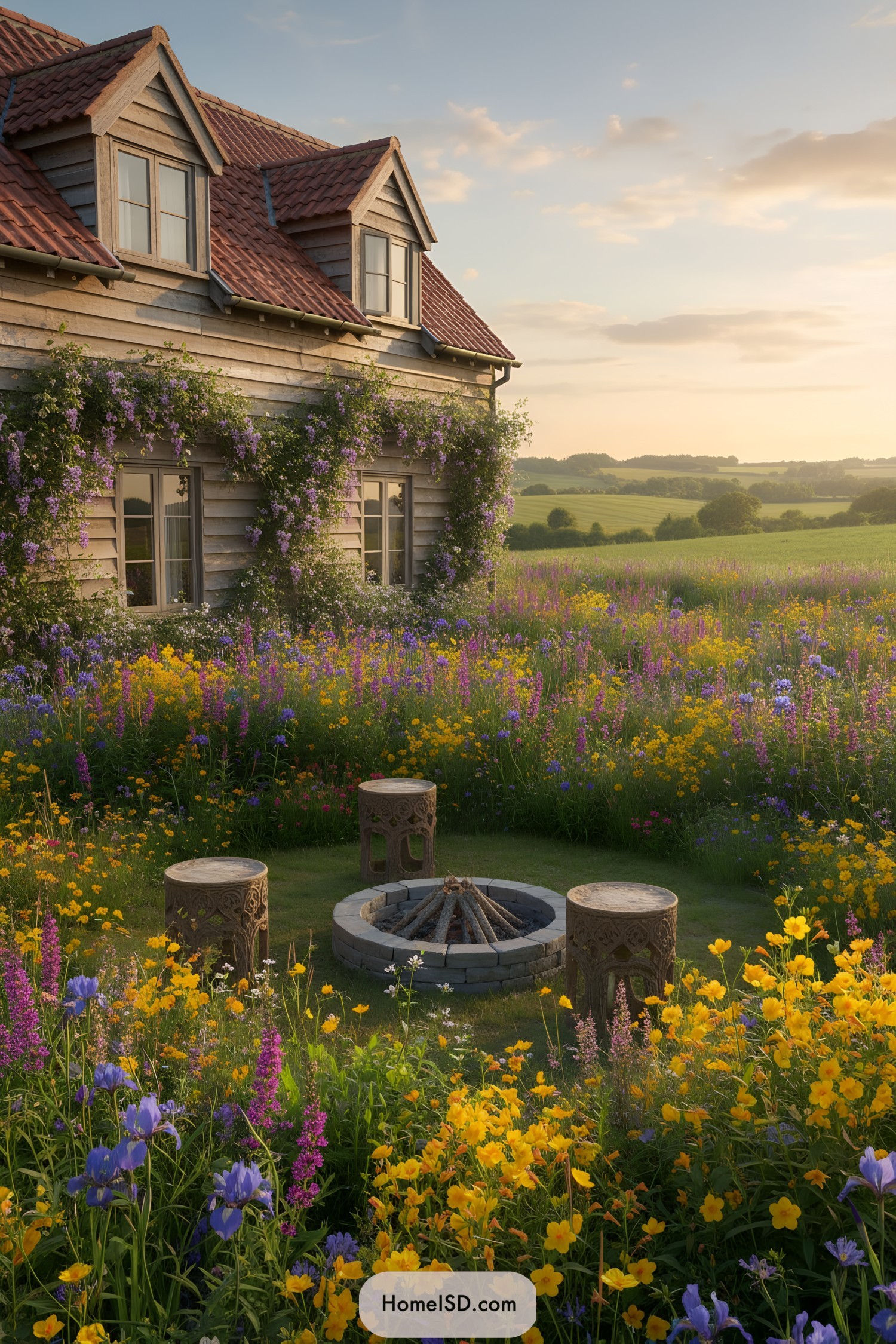Cozy cottage surrounded by vibrant wildflowers and rustic charm