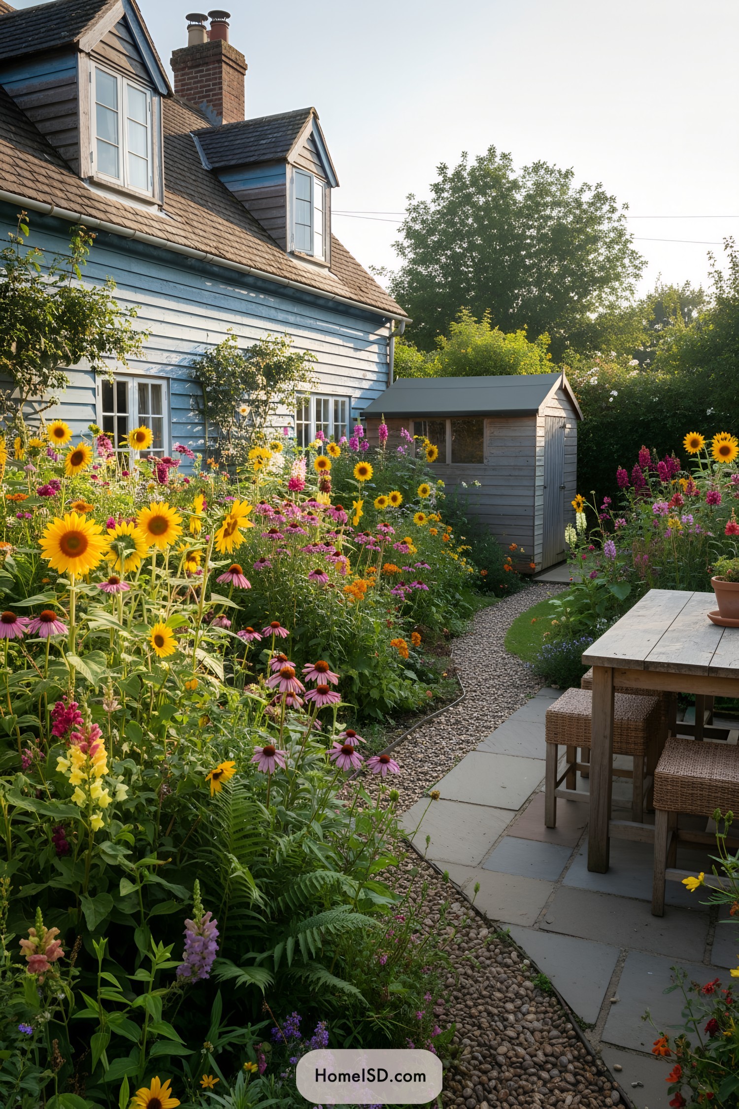 Cottage garden with vibrant wildflowers and pebble pathway