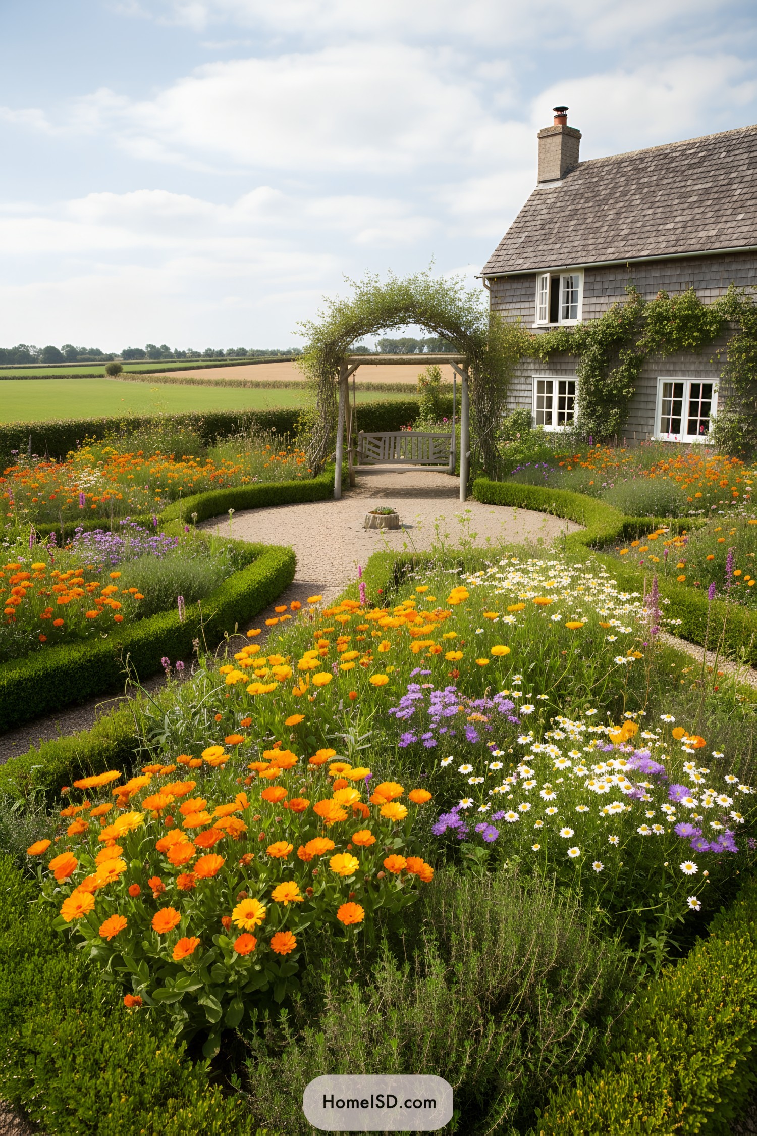 Colorful wildflowers bloom in a cottage garden