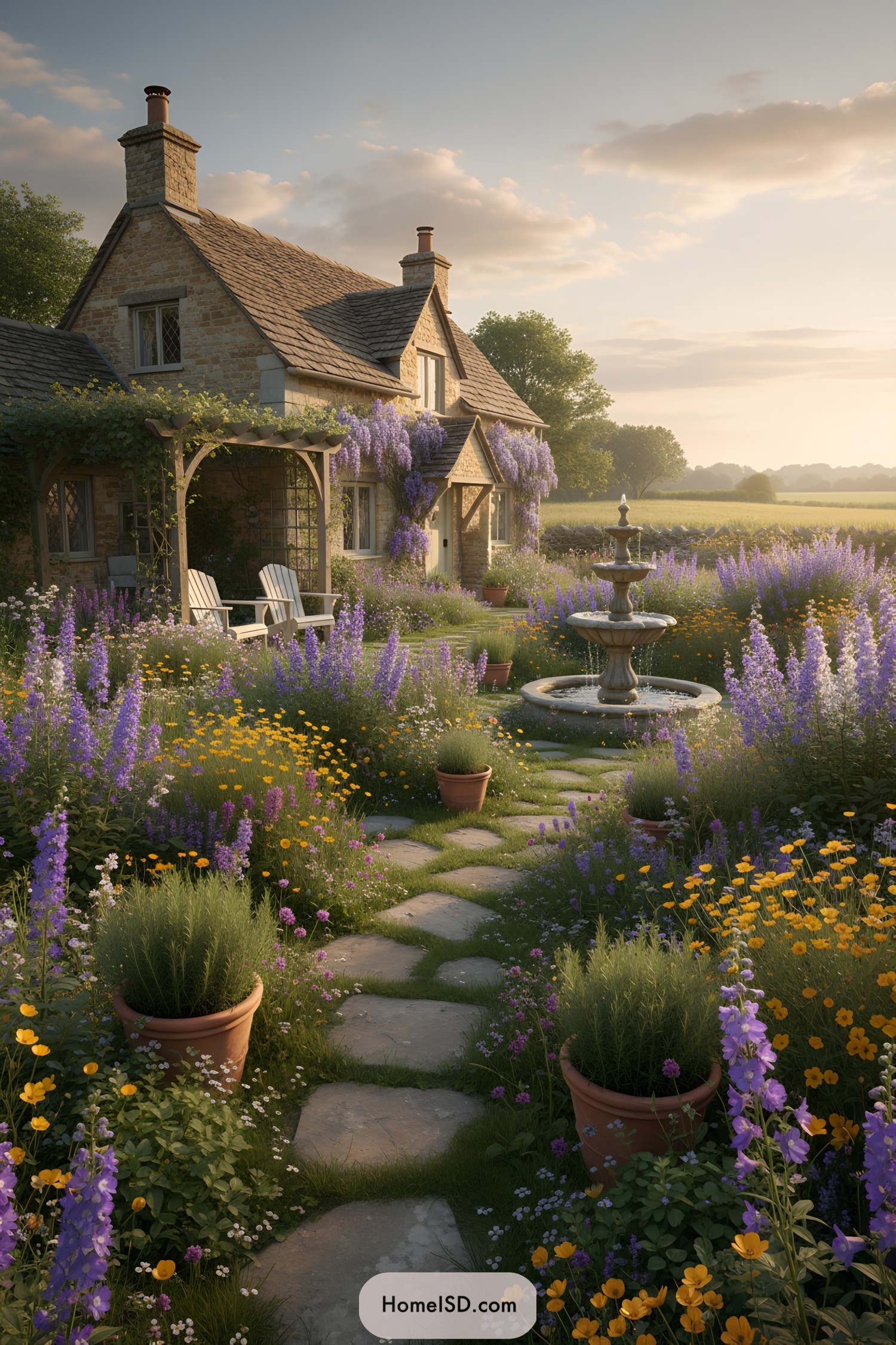 Cottage garden with blooming flowers and stone path