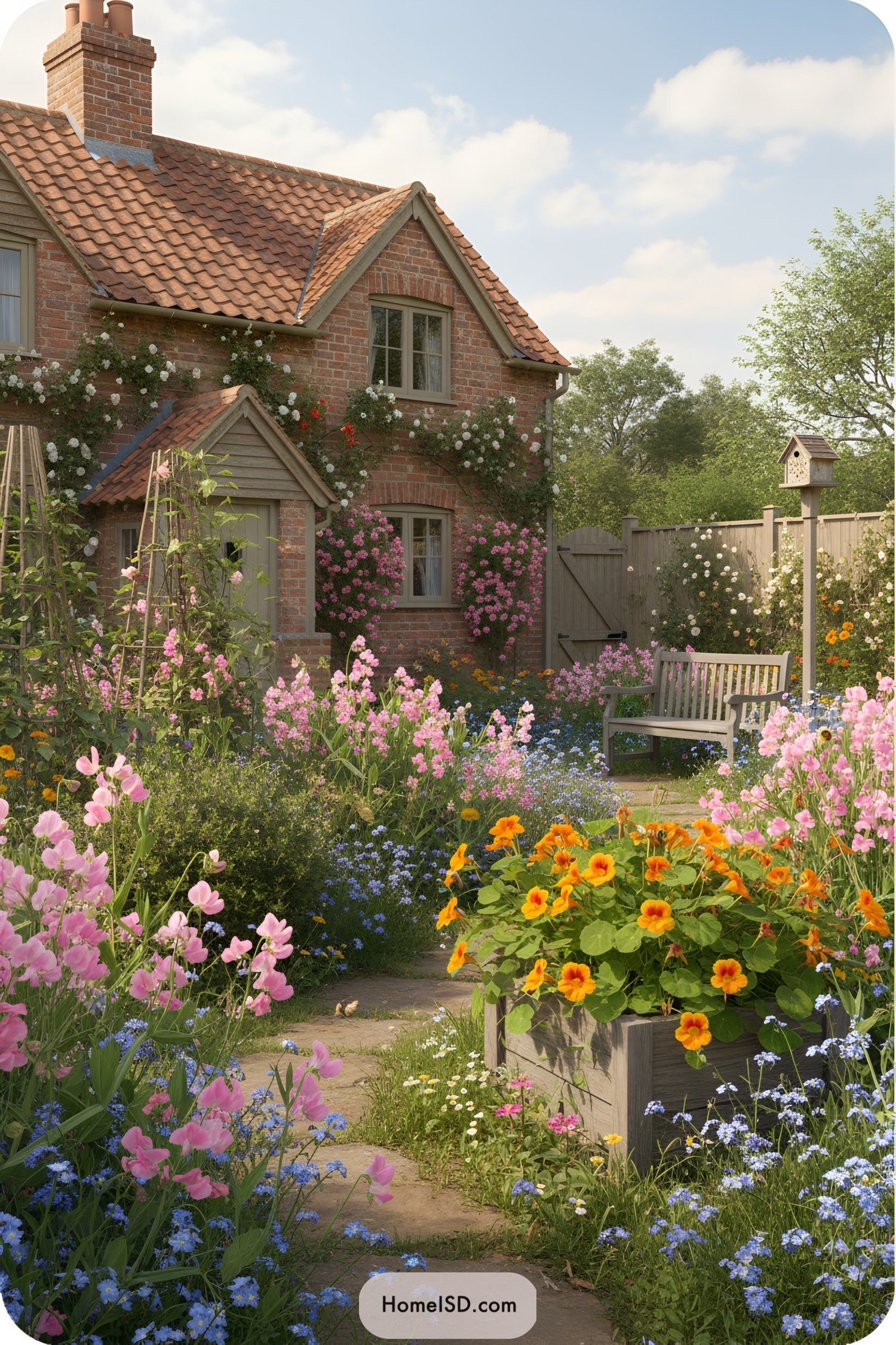Cottage garden with colorful wildflowers and a wooden seating area