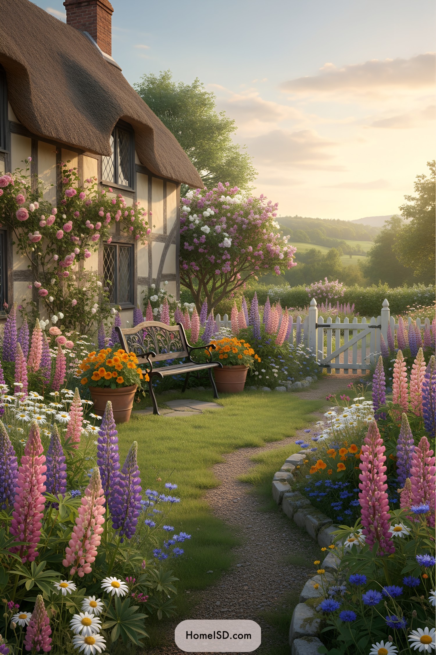 A lush, colorful wildflower garden by a cottage