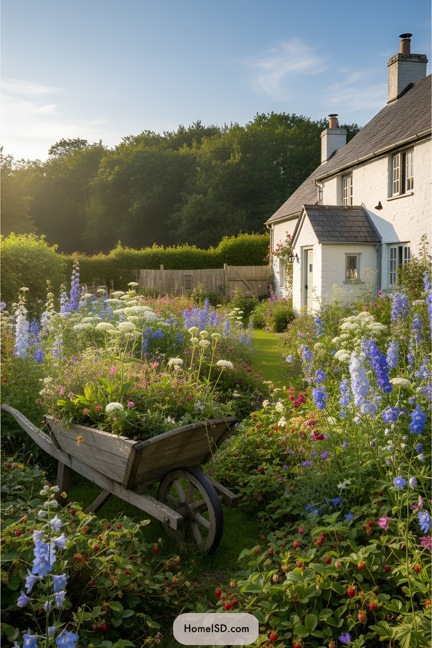 Colorful wildflower garden beside a charming white cottage