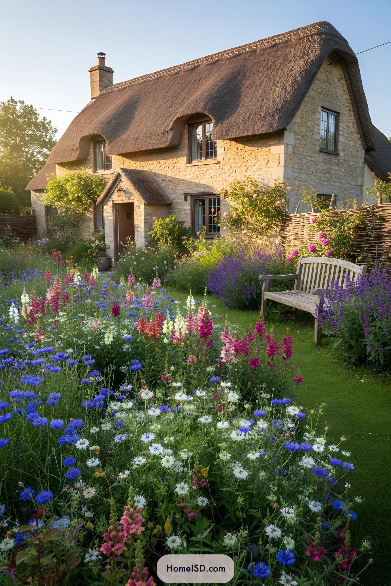 Wildflowers in full bloom by a charming cottage