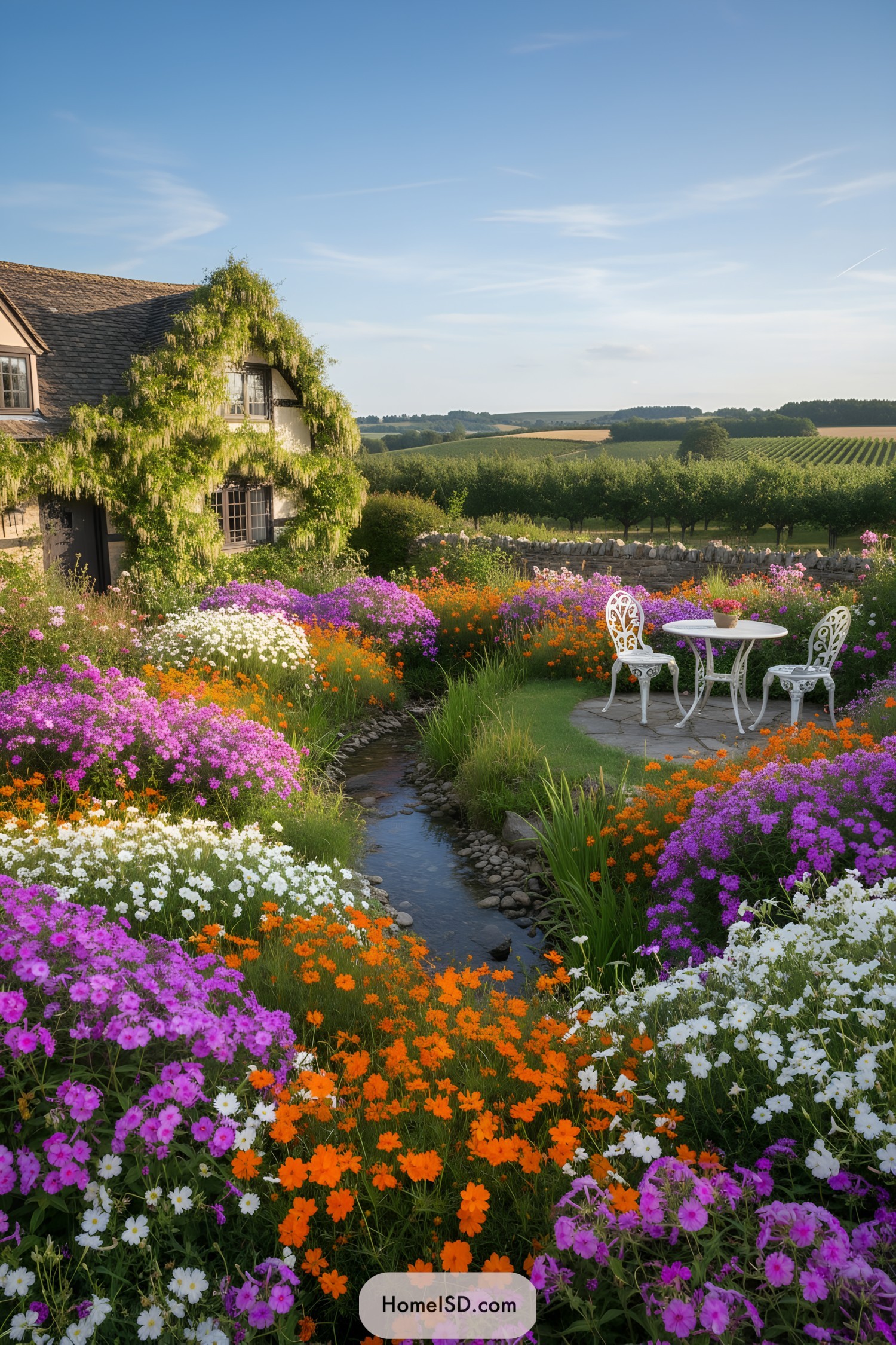 Colorful wildflowers surrounding a cottage and a quaint seating area