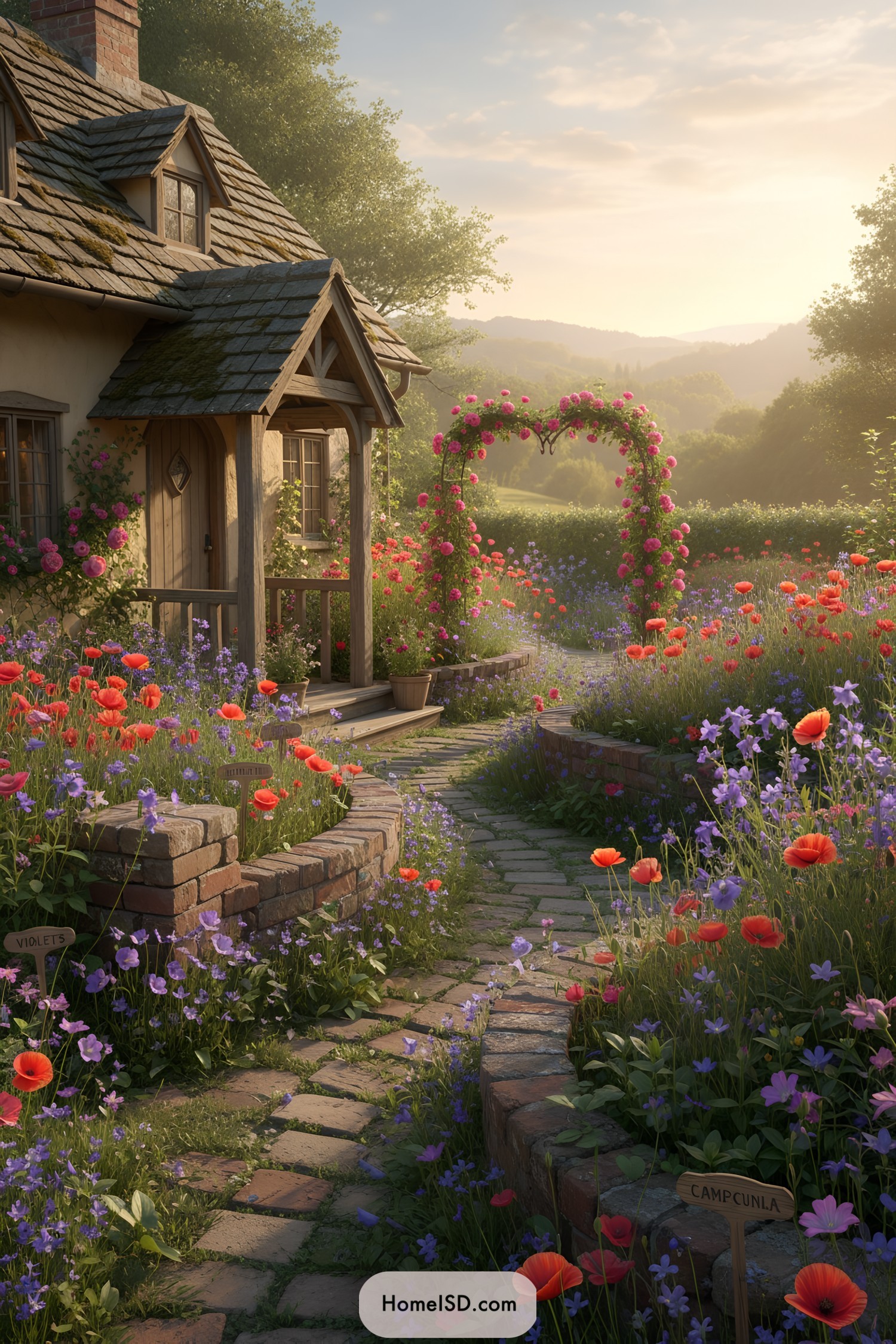 A quaint cottage with vibrant flower garden and archway at sunset