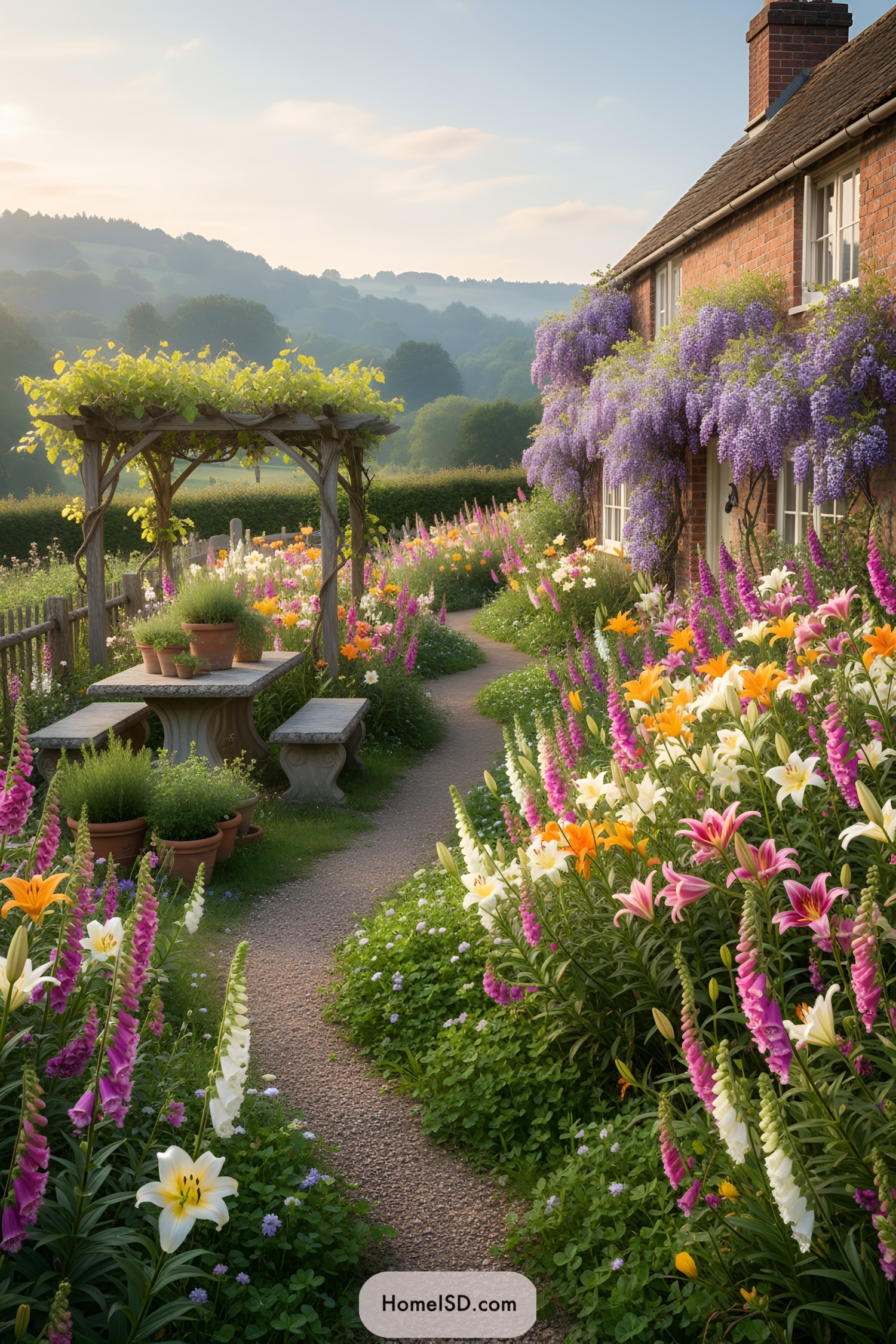 Colorful wildflowers flank a stone pathway by a cottage with wisteria climbing the walls