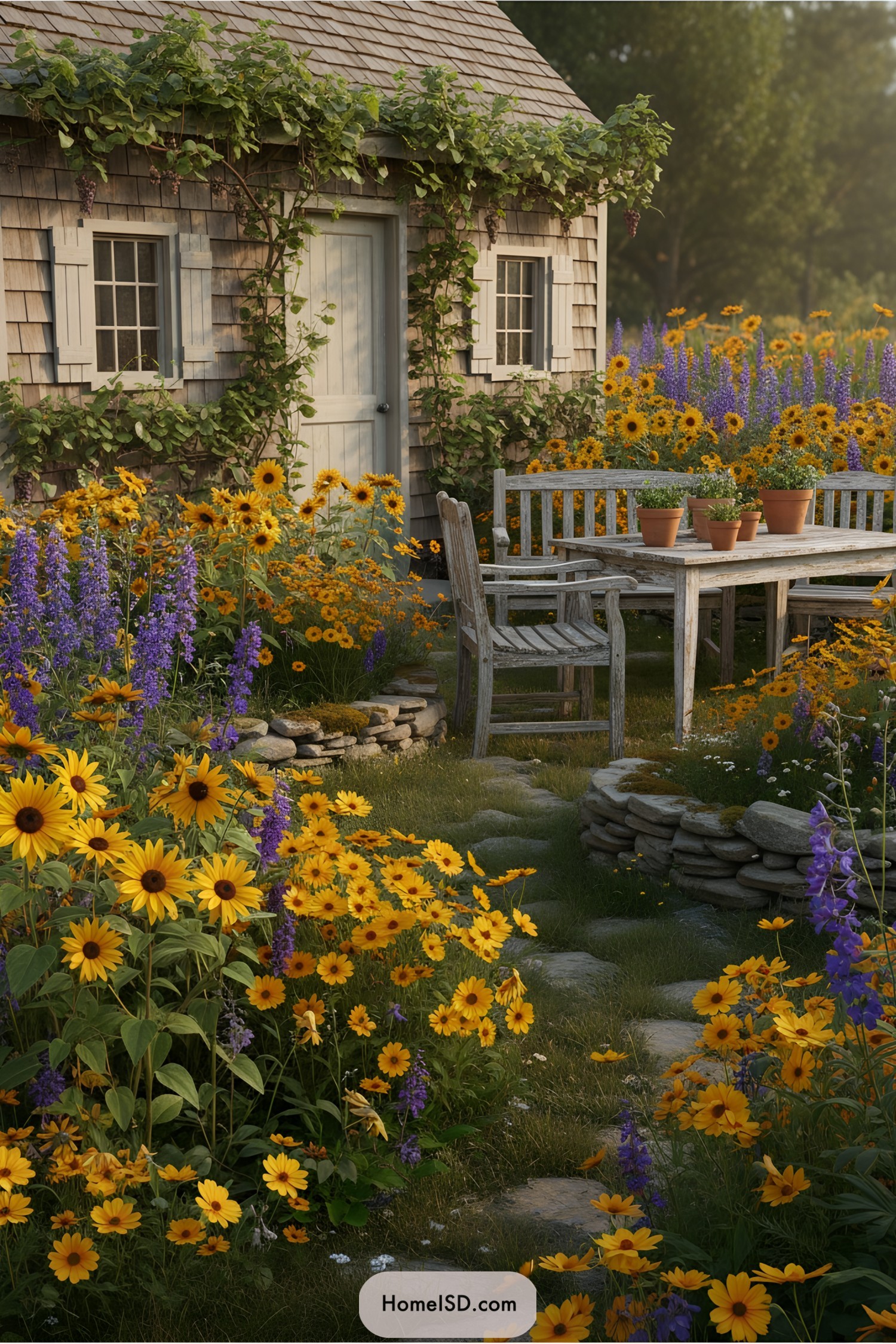 Wildflower garden with rustic cottage backdrop