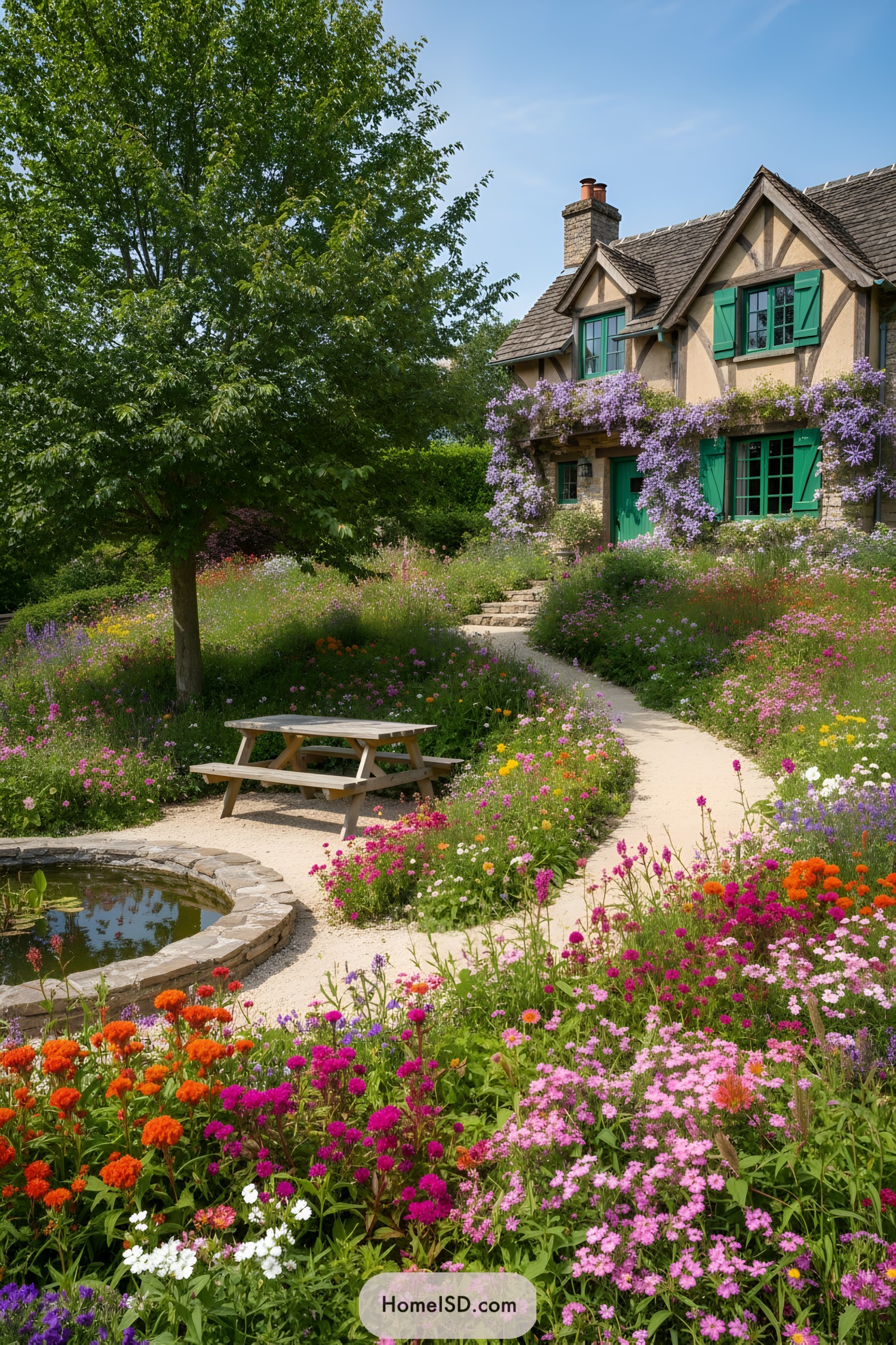 Charming cottage surrounded by a vibrant wildflower garden