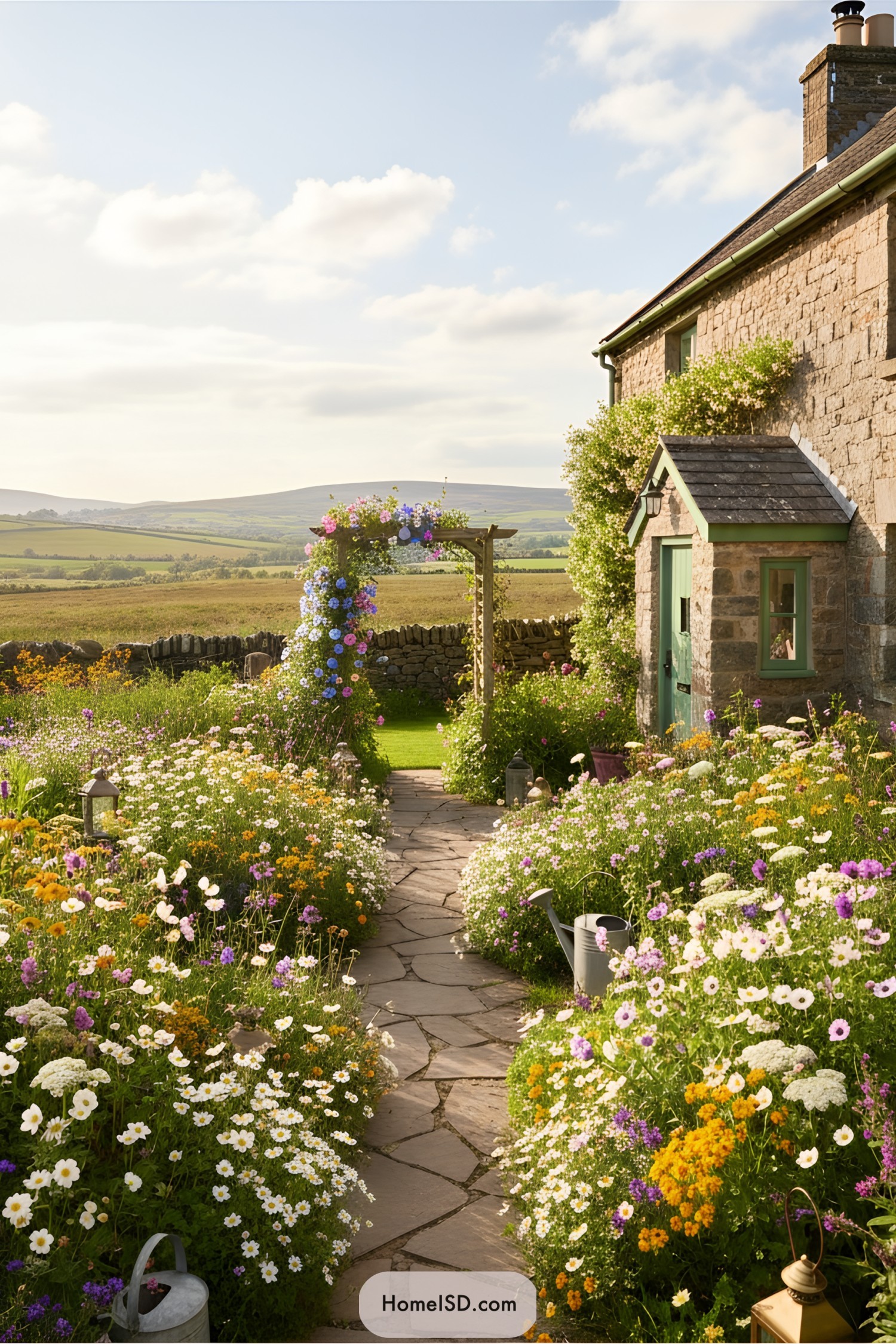Vibrant wildflowers surrounding a charming cottage path