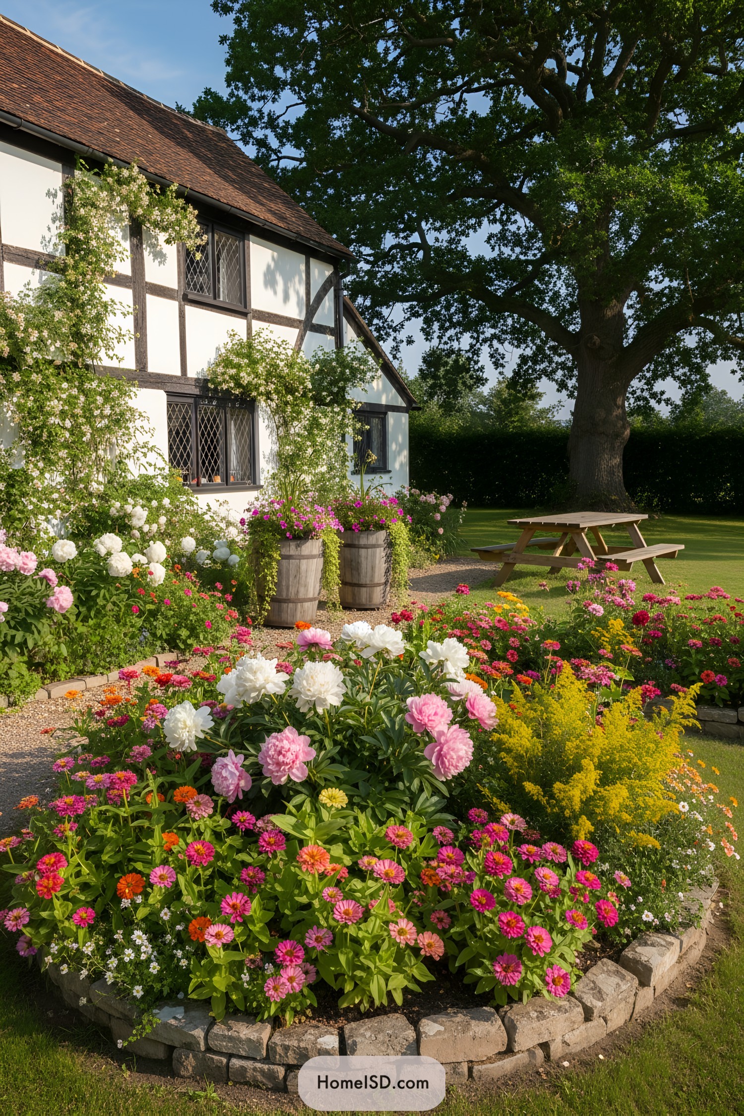 Vibrant wildflowers by a charming cottage