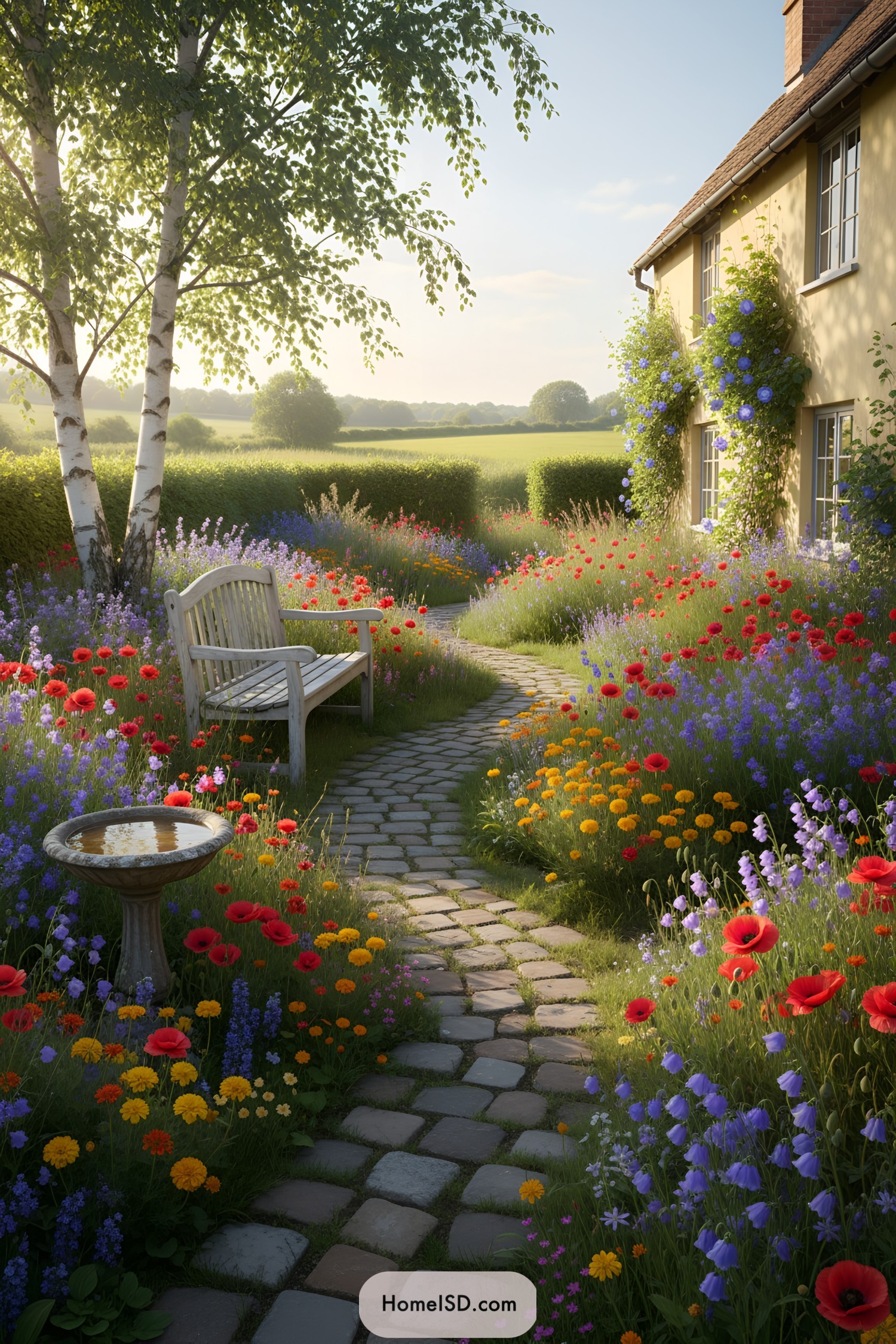 Wildflowers lining a cottage garden pathway with a wooden bench