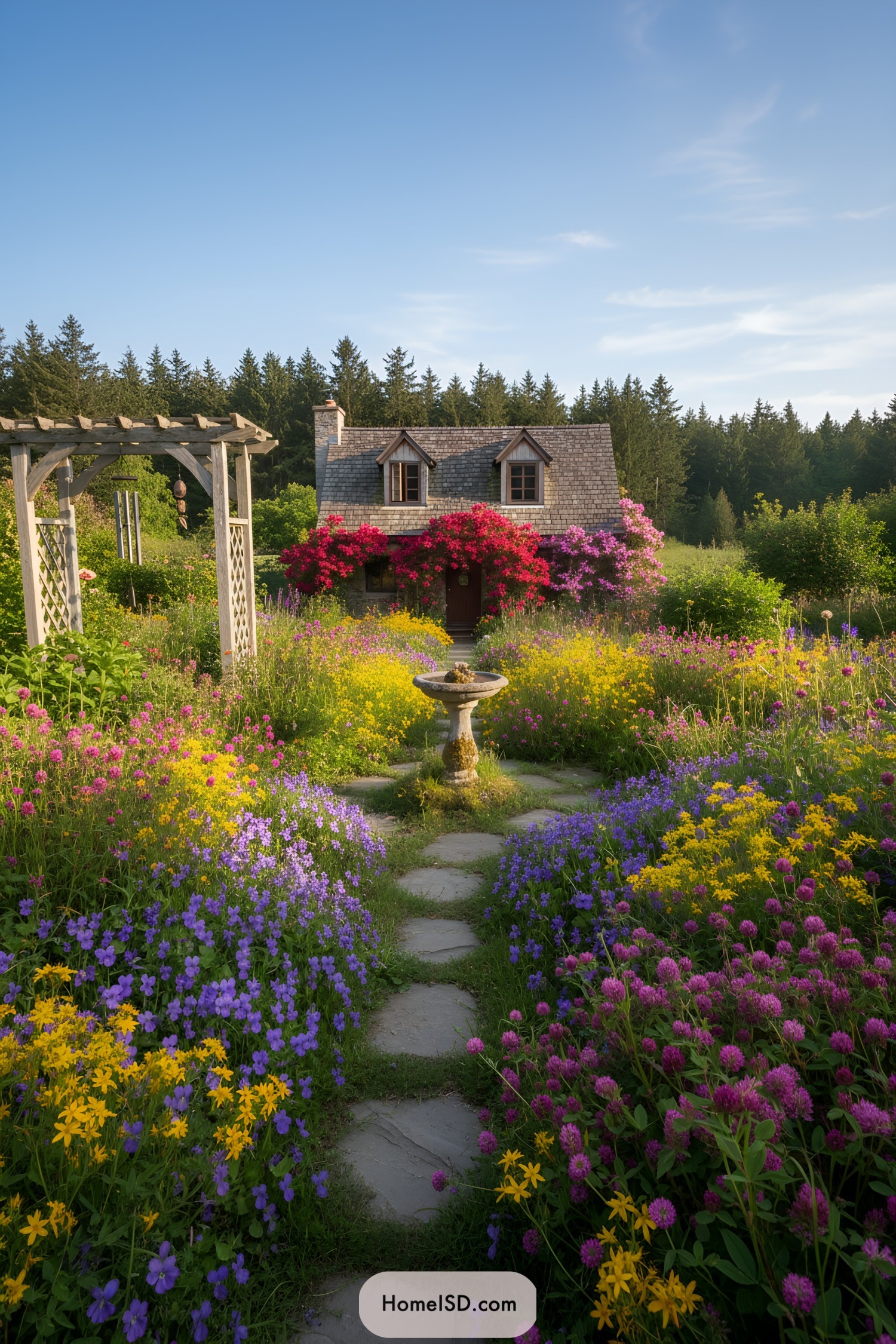 Backyard wildflower garden in full bloom by a cottage
