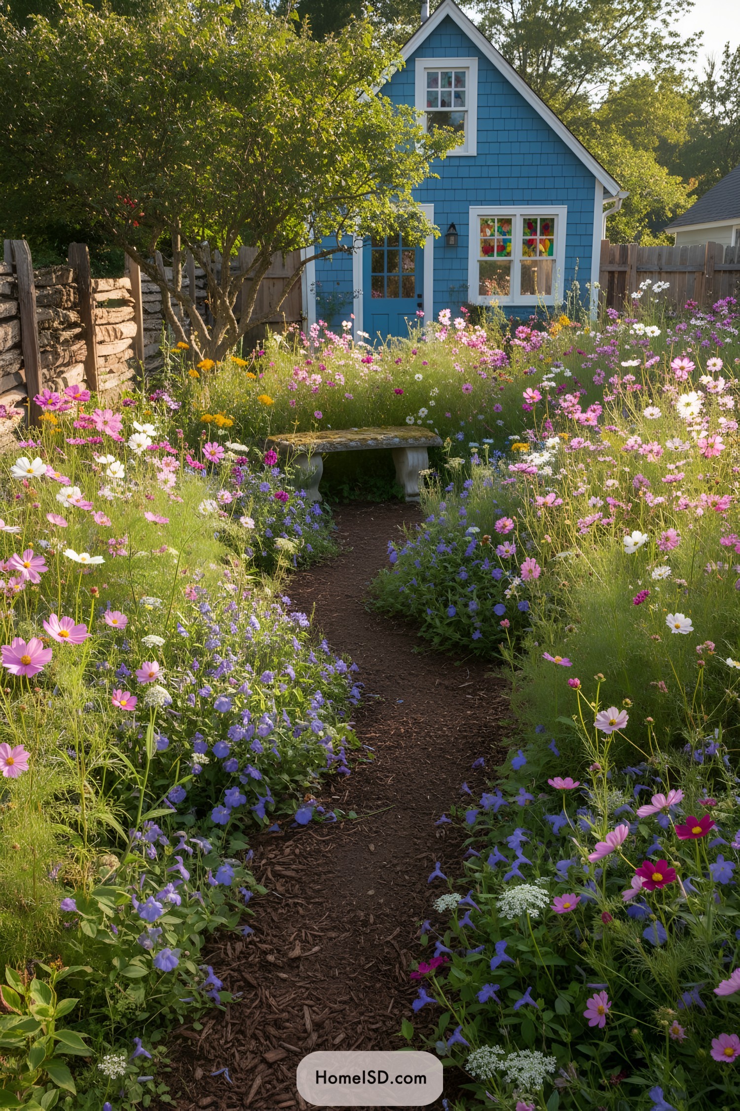 Backyard wildflower garden with a rustic cottage