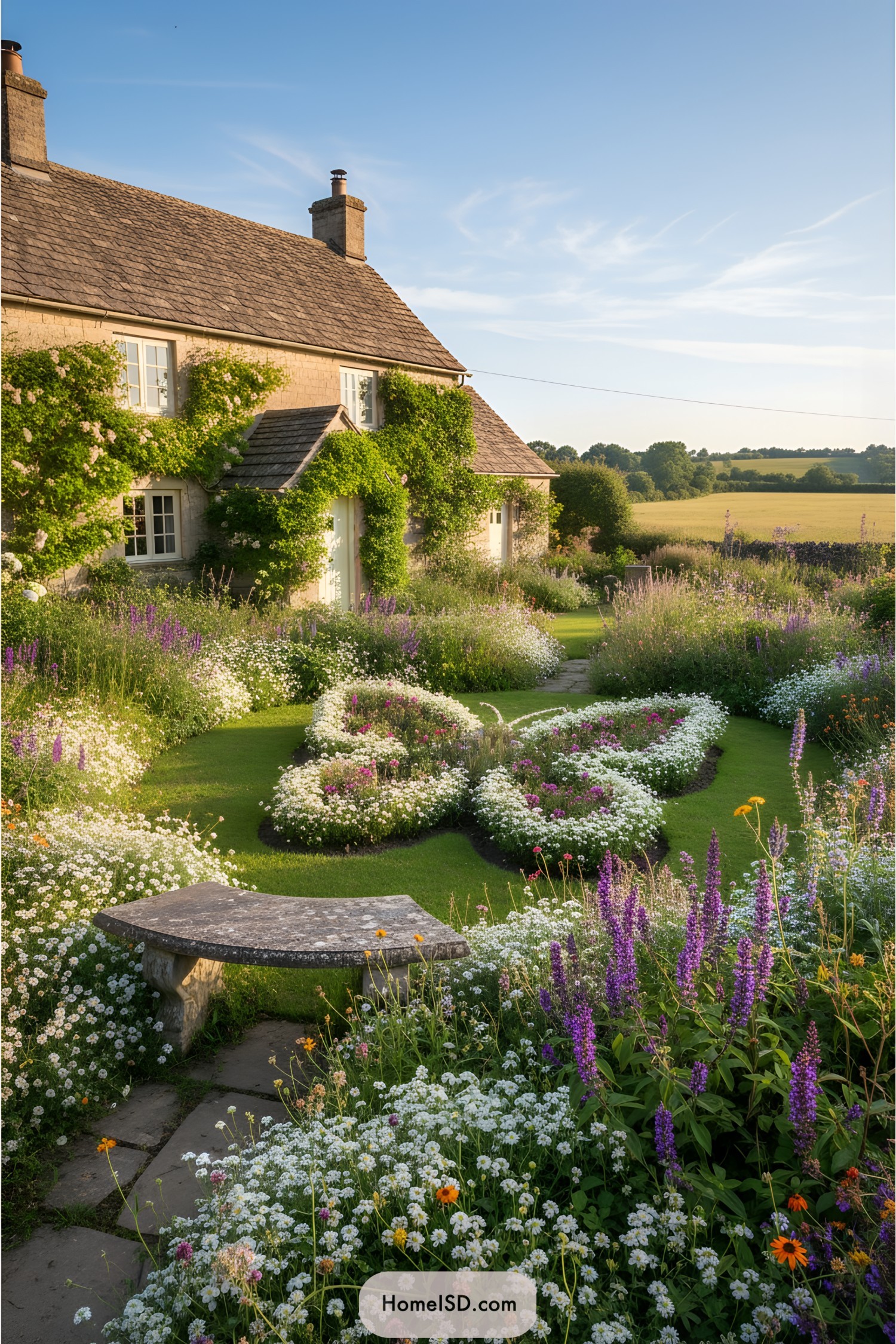 Wild flower garden in cottage backyard landscape with untamed beds of alyssum and purple salvia trailing around a butterfly-shaped garden, a pale sandstone cottage with green climbing hydrangea commanding attention at the garden’s edge; a circular stone bench offers resting space beside the wildest blooms, beyond which the landscape slips into sunny fields.