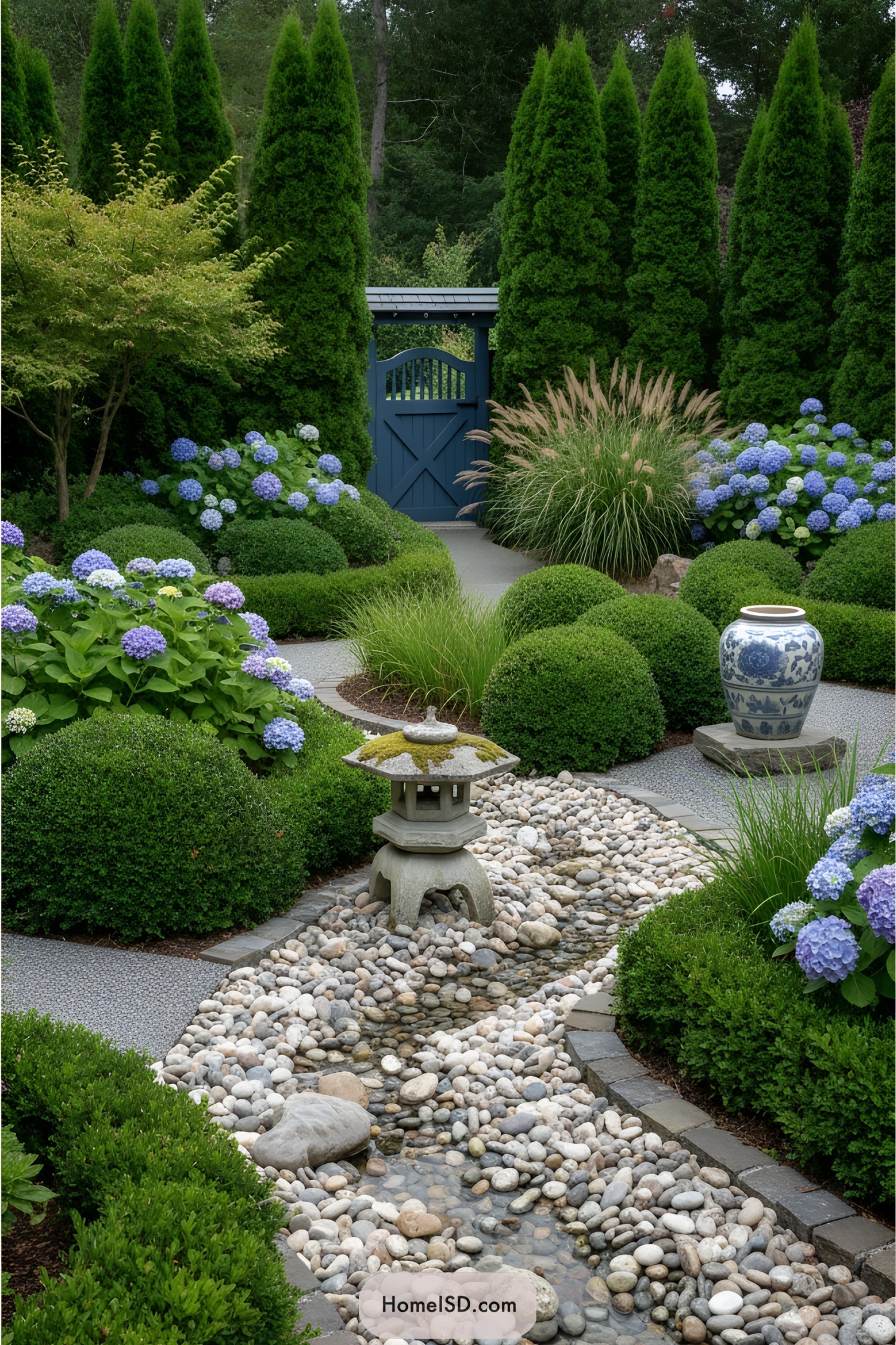 Serene garden path with stones, blue hydrangeas, and tall evergreens