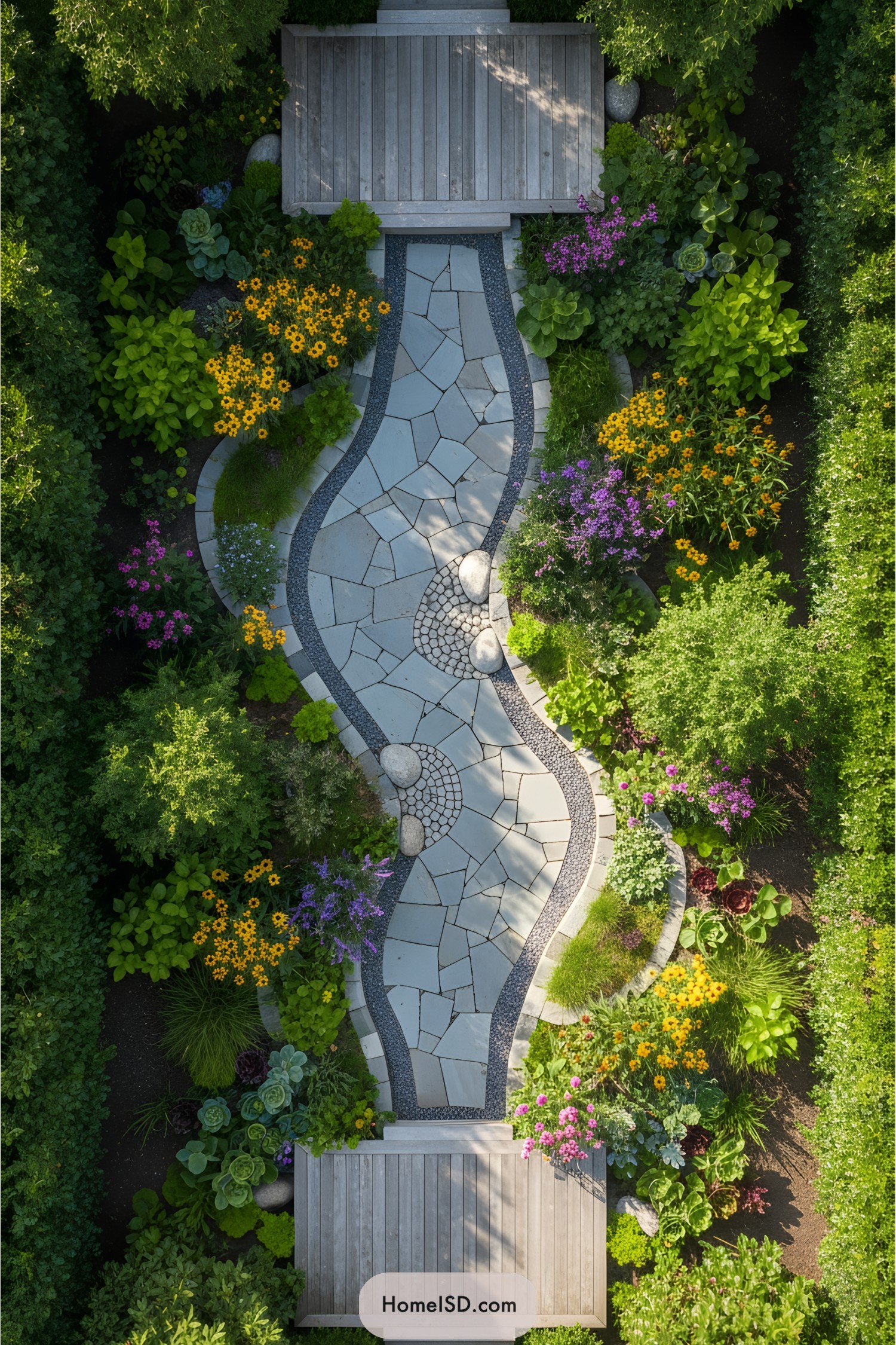 A winding stone path surrounded by colorful flowers