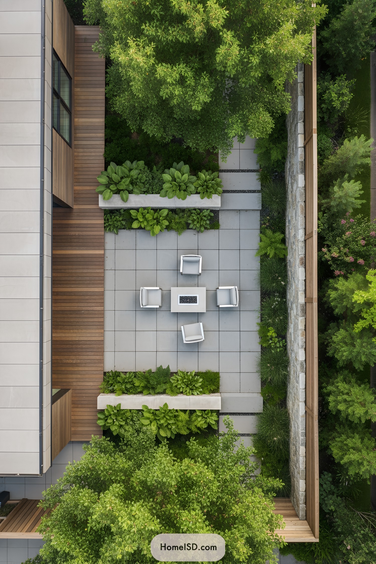 Bird’s-eye view of a modern patio with sleek chairs and lush greenery