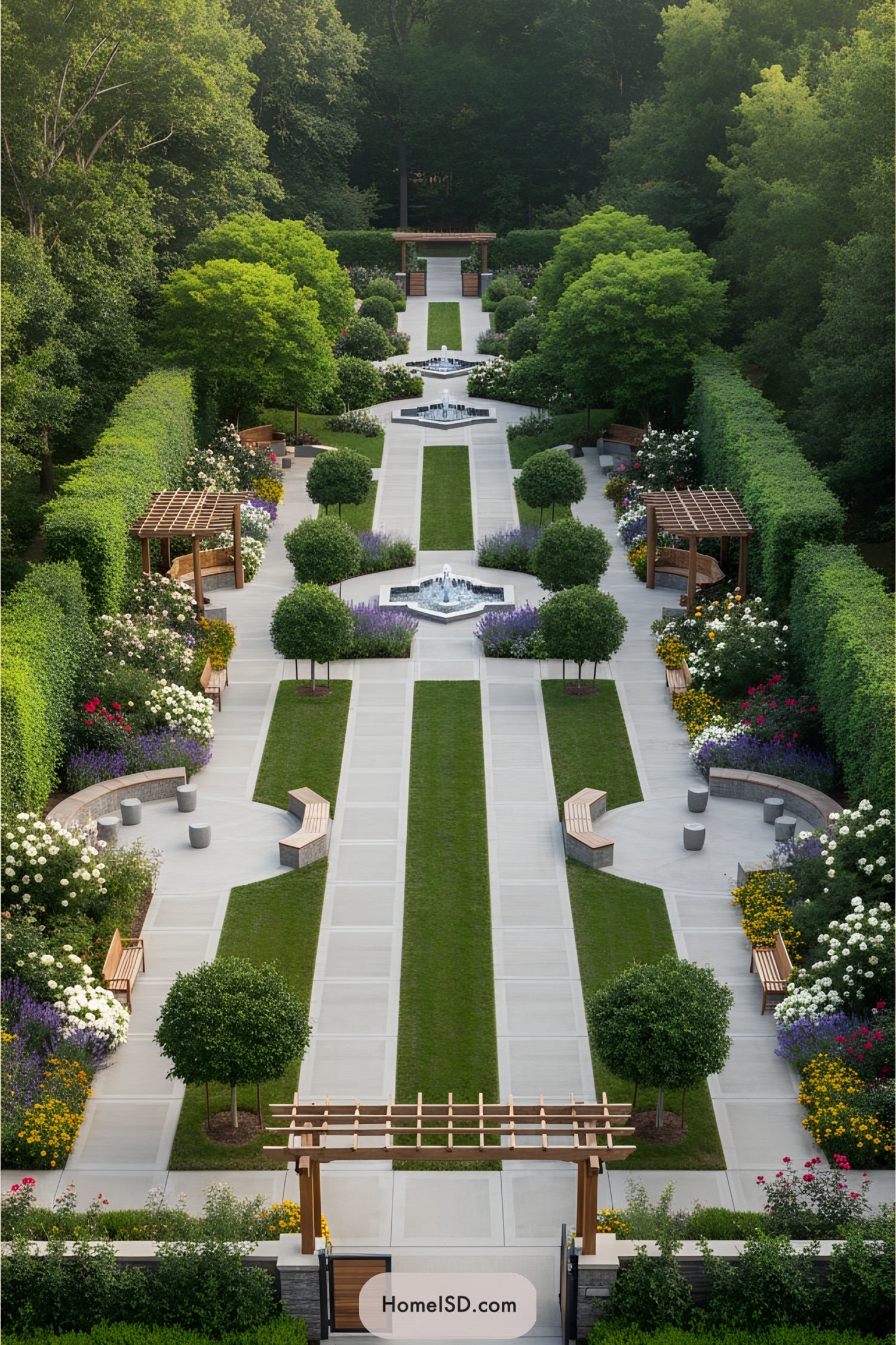 Garden pathway with water fountains and lush greenery