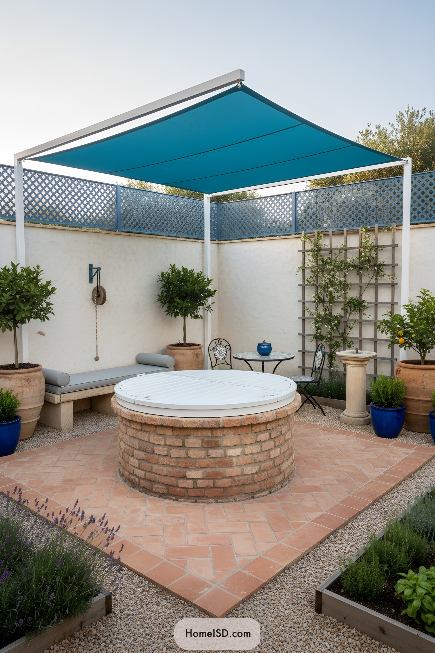 Round brick well with white slatted lid under a teal shade sail in a Mediterranean courtyard