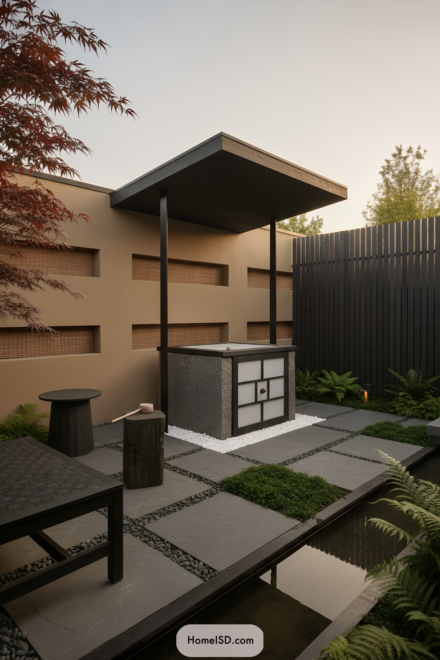 Modern garden well with cantilevered roof