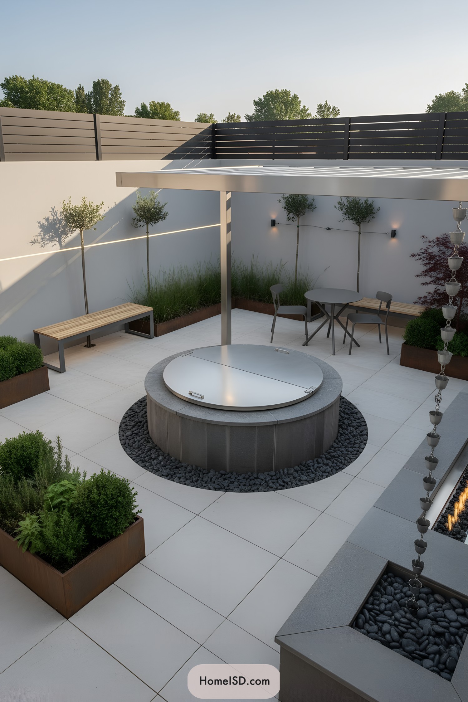 Round concrete well with sleek metal cover