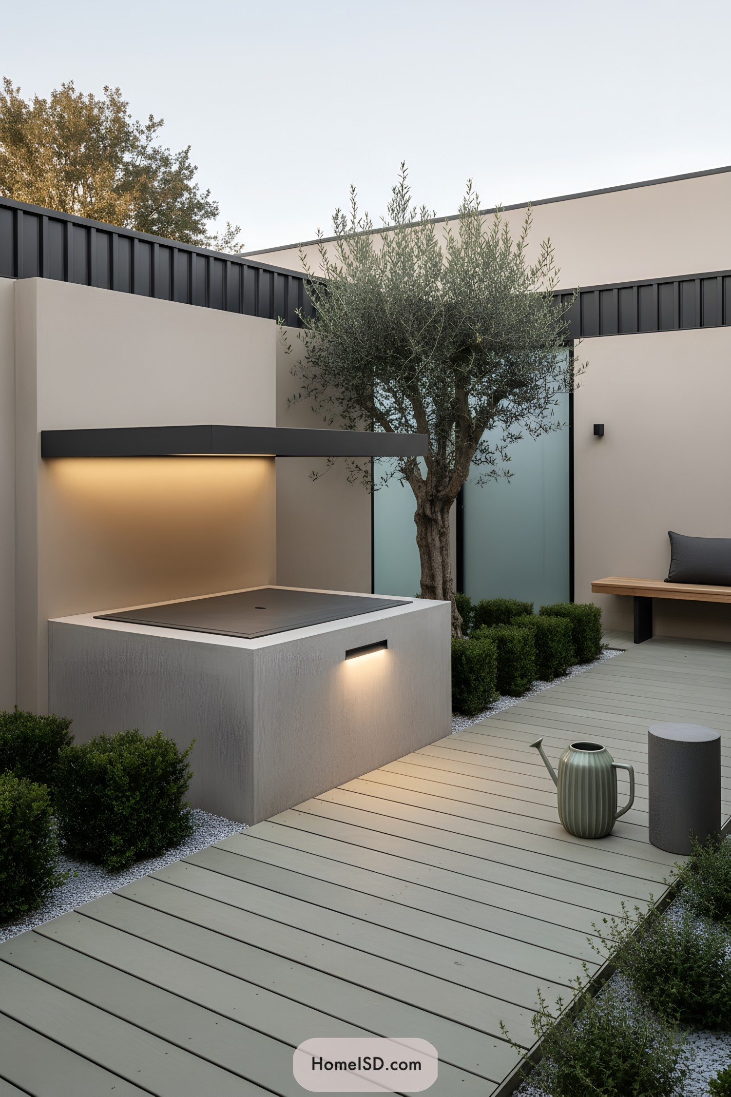 Modern well with floating canopy and soft lighting