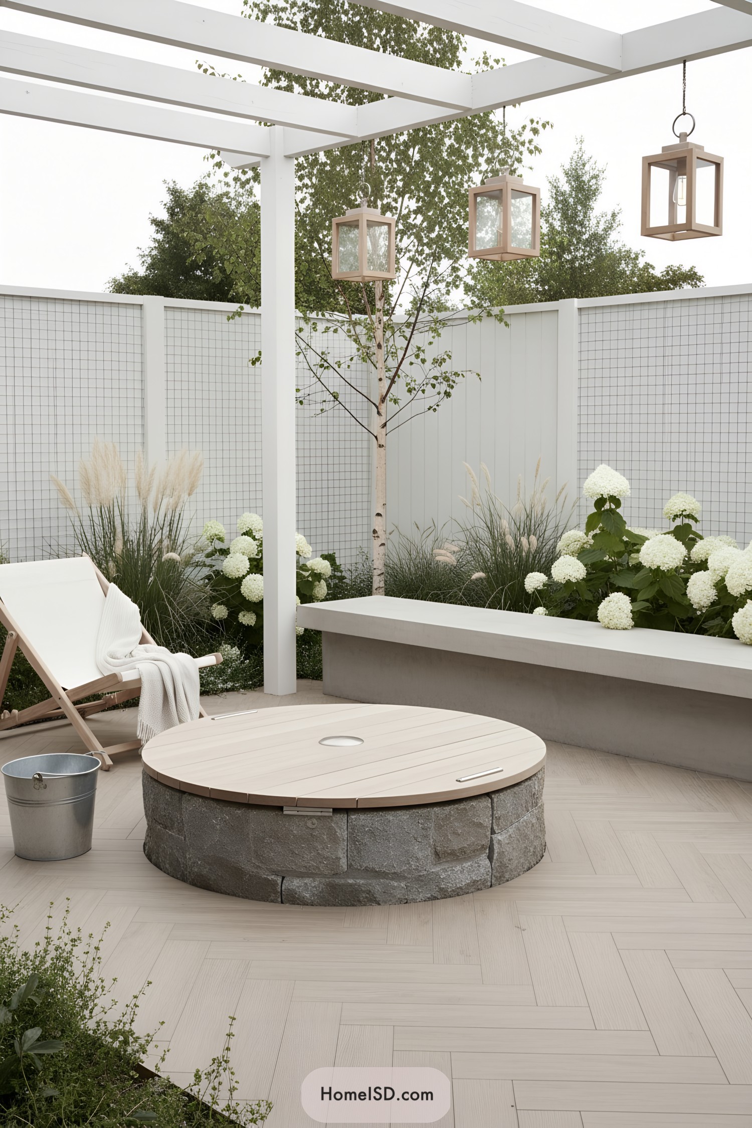 Round stone well with pale wood disk cover under pergola