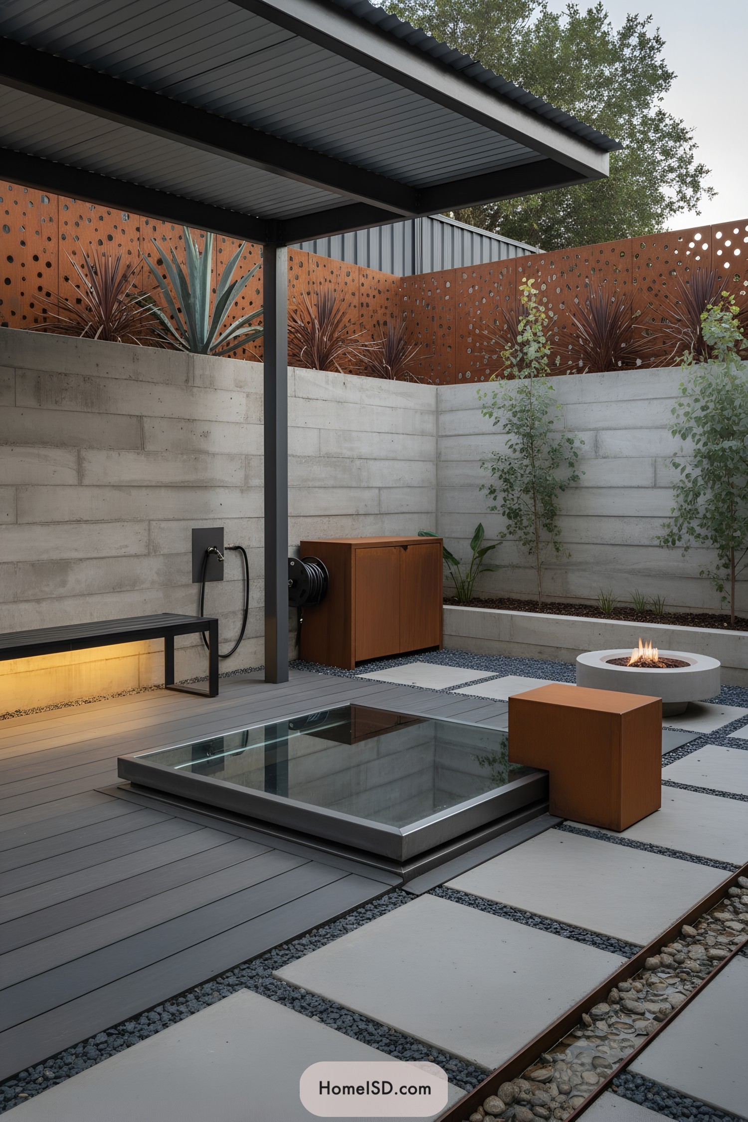 Modern glass well cover set in decked patio with concrete pavers and corten accents