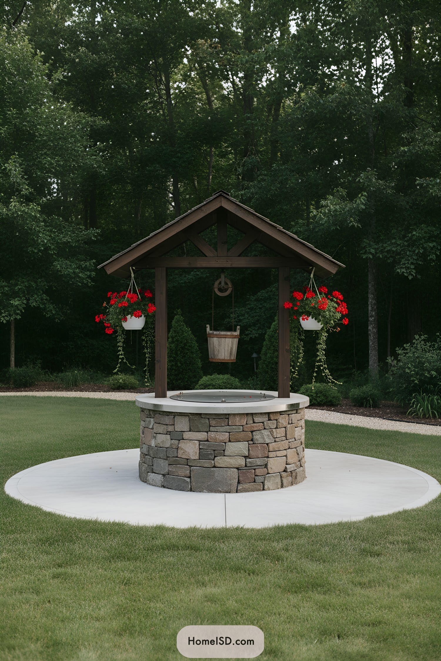 Stone well with dark wood gable and red flowers