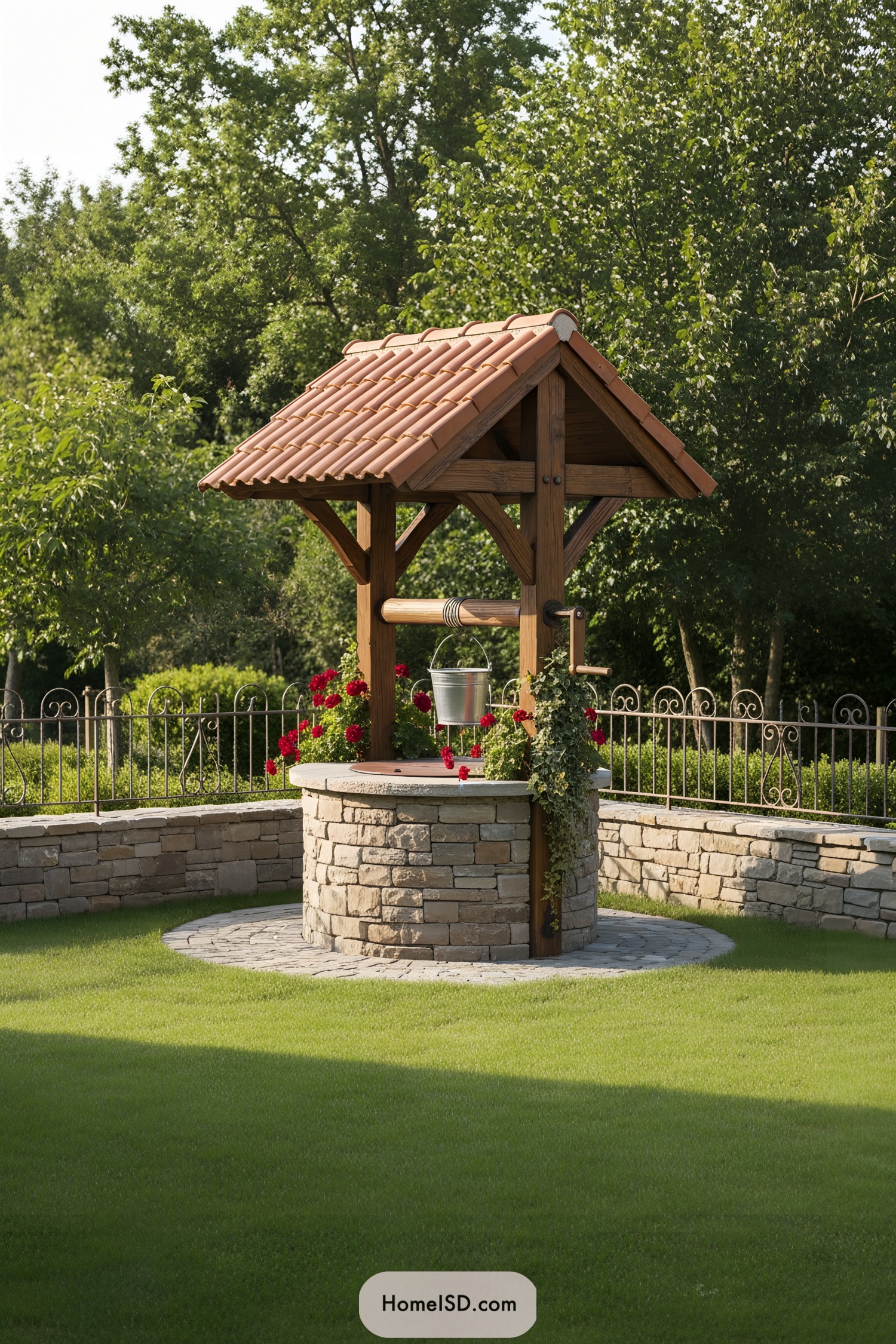 Stone well with terracotta roof and flowers