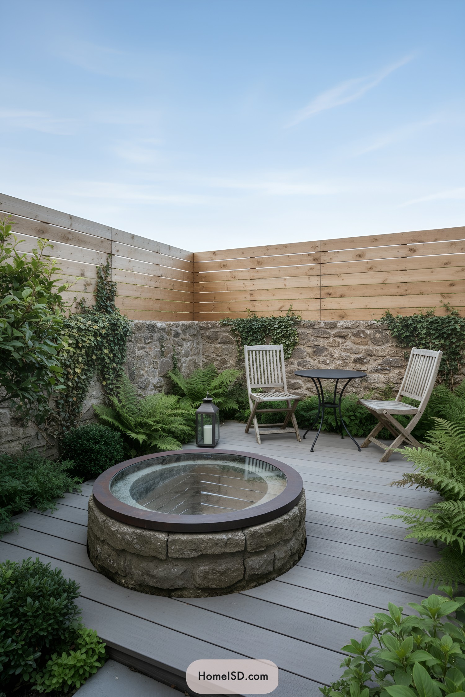 Round stone well with glass cover on a gray deck, surrounded by ferns and a bistro set