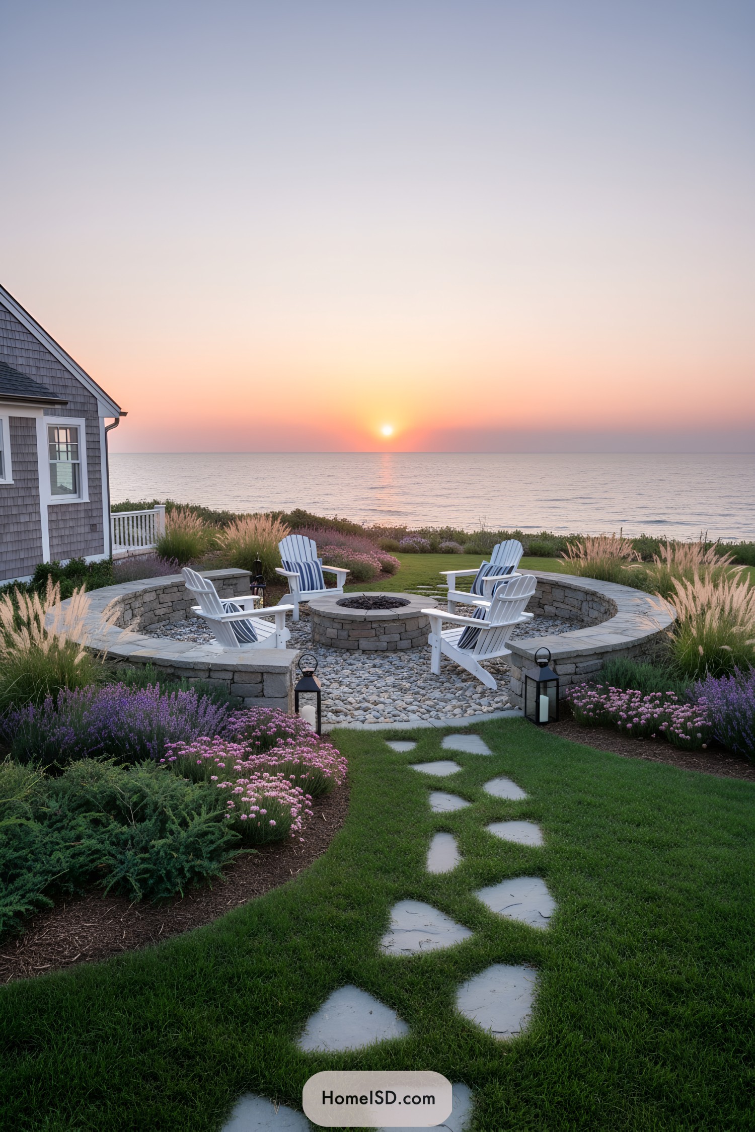 Coastal fire pit patio with Adirondack chairs and native grasses at sunset