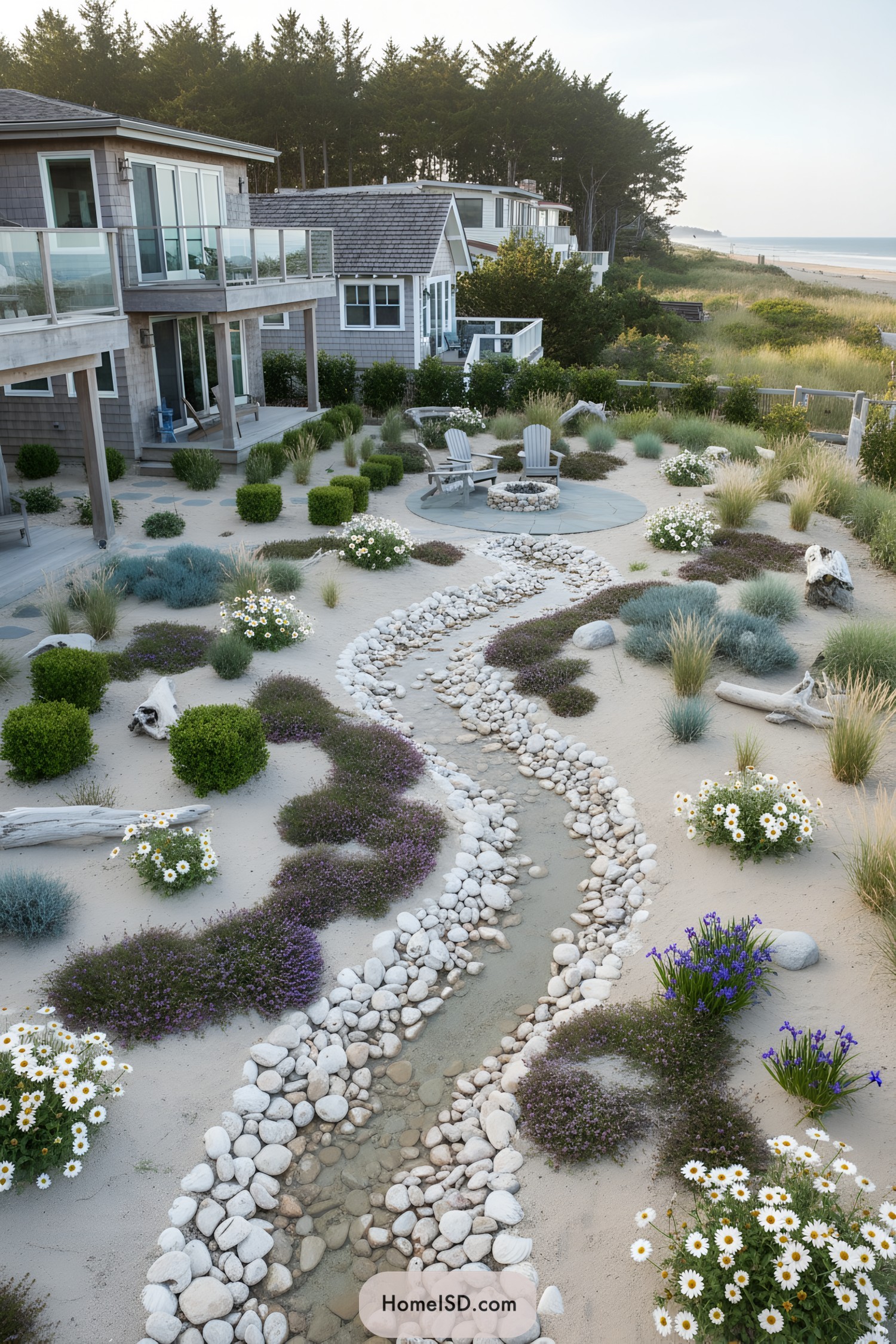 Sandy yard with stone-lined stream, grasses, and fire pit seating