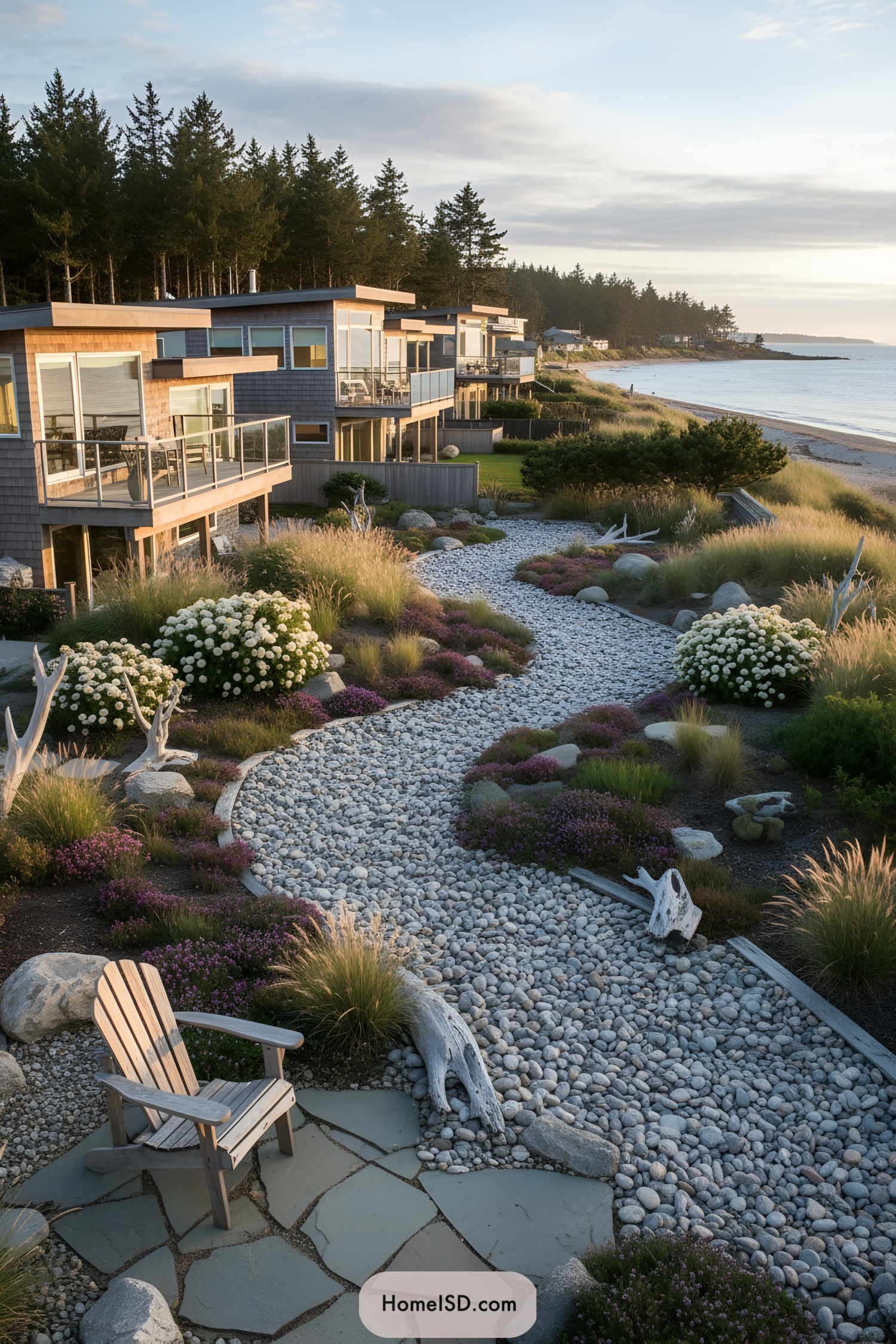 Curving pebble stream with grasses and driftwood
