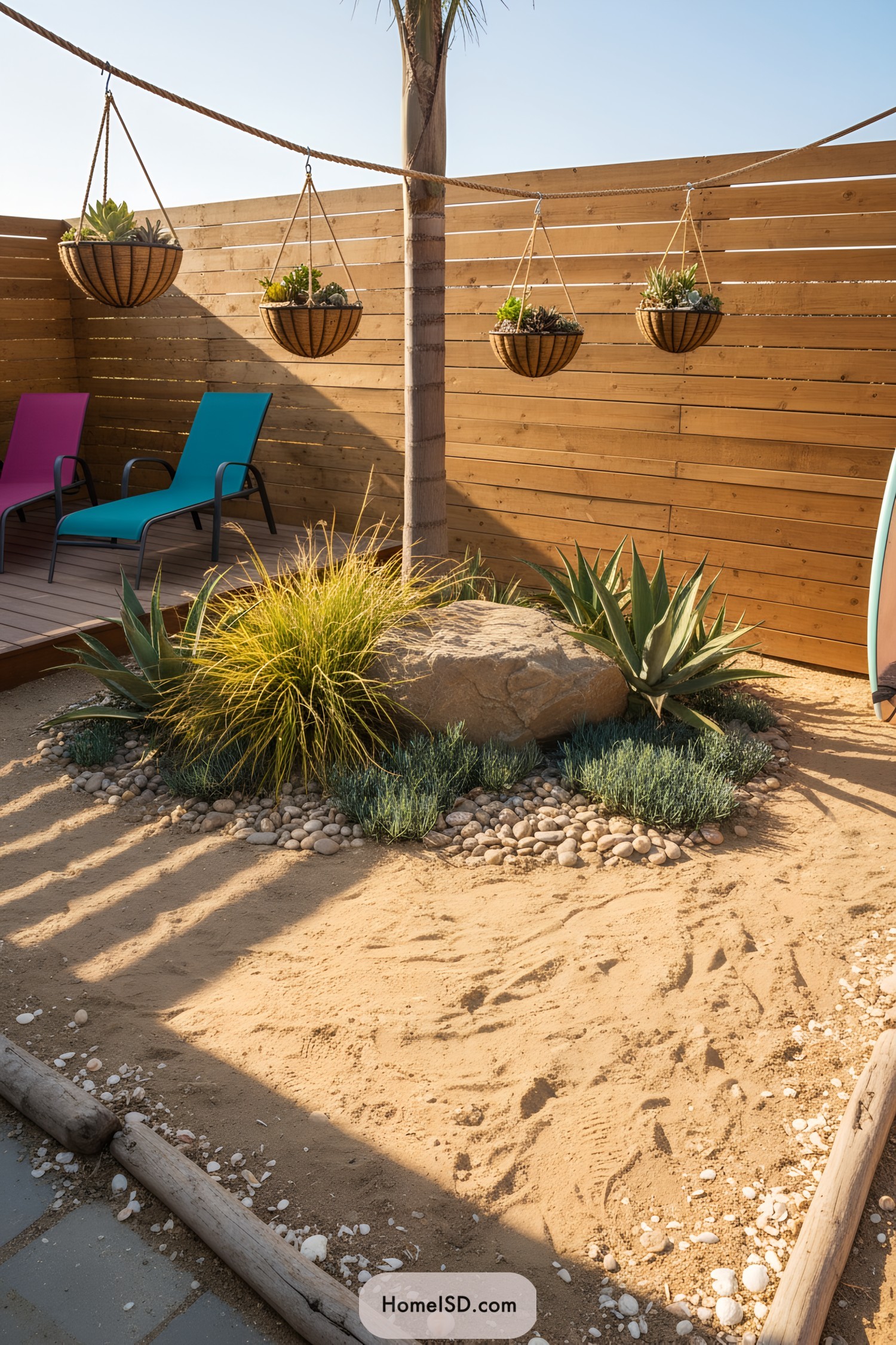 Sandy patio with succulents, boulder, and loungers