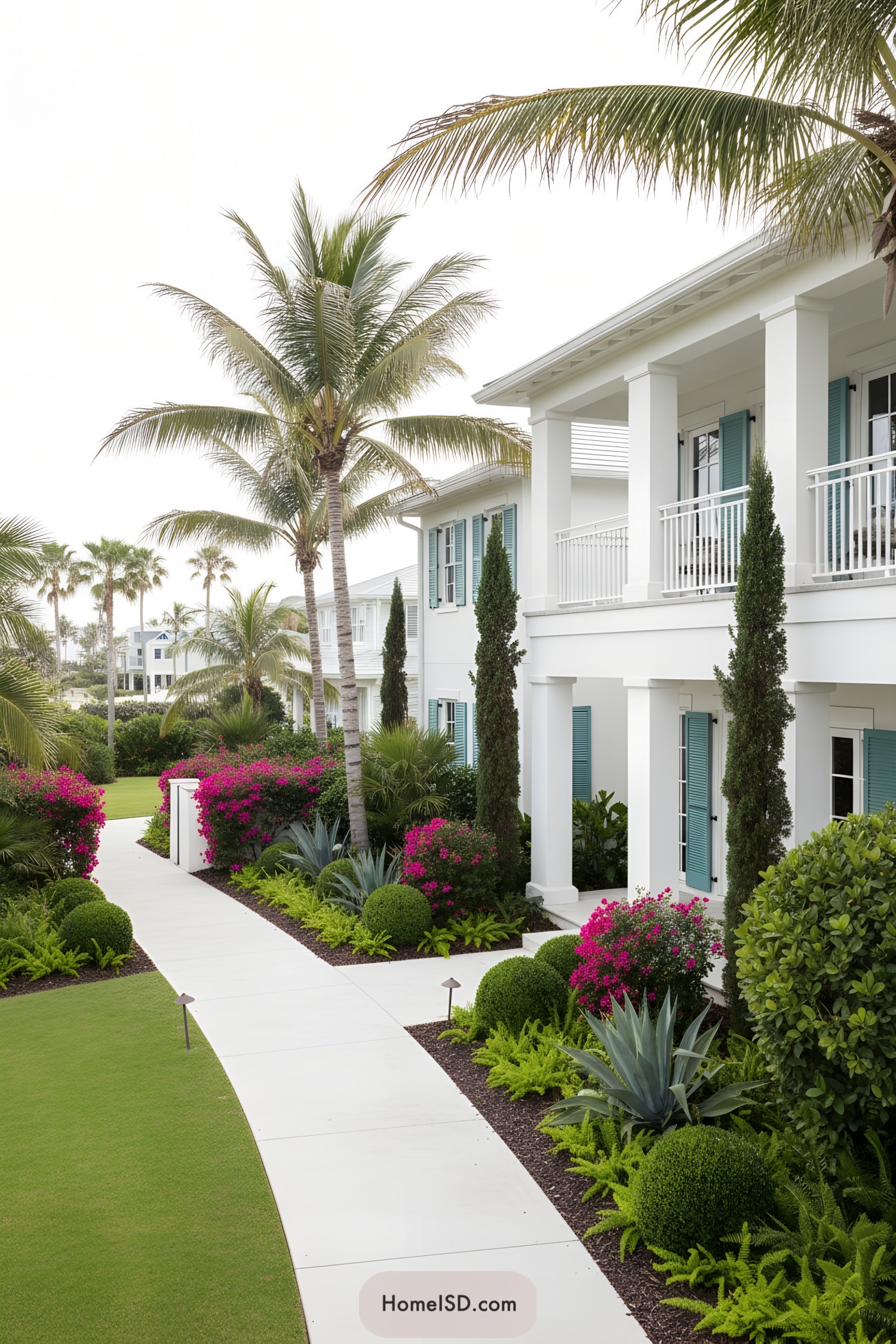 White curving path lined with palms, agave, and bright bougainvillea beside a coastal-style home