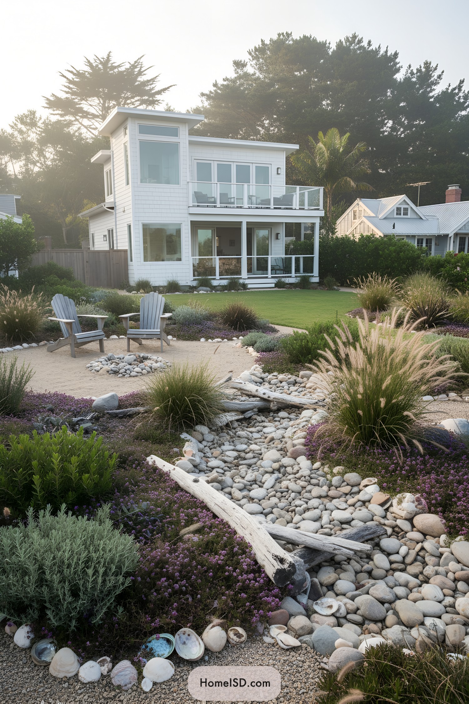Coastal yard with sandy seating and pebble creek