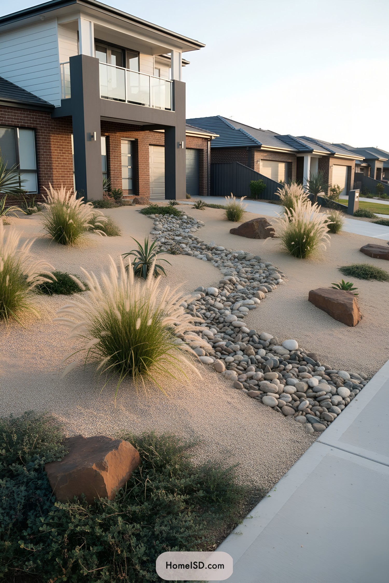 Sandy xeriscape with dry riverbed and grasses